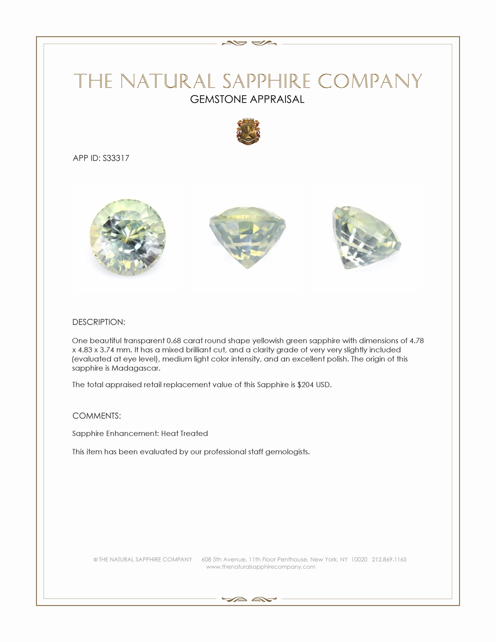 0.68 Ct. Yellowish Green Sapphire from Madagascar