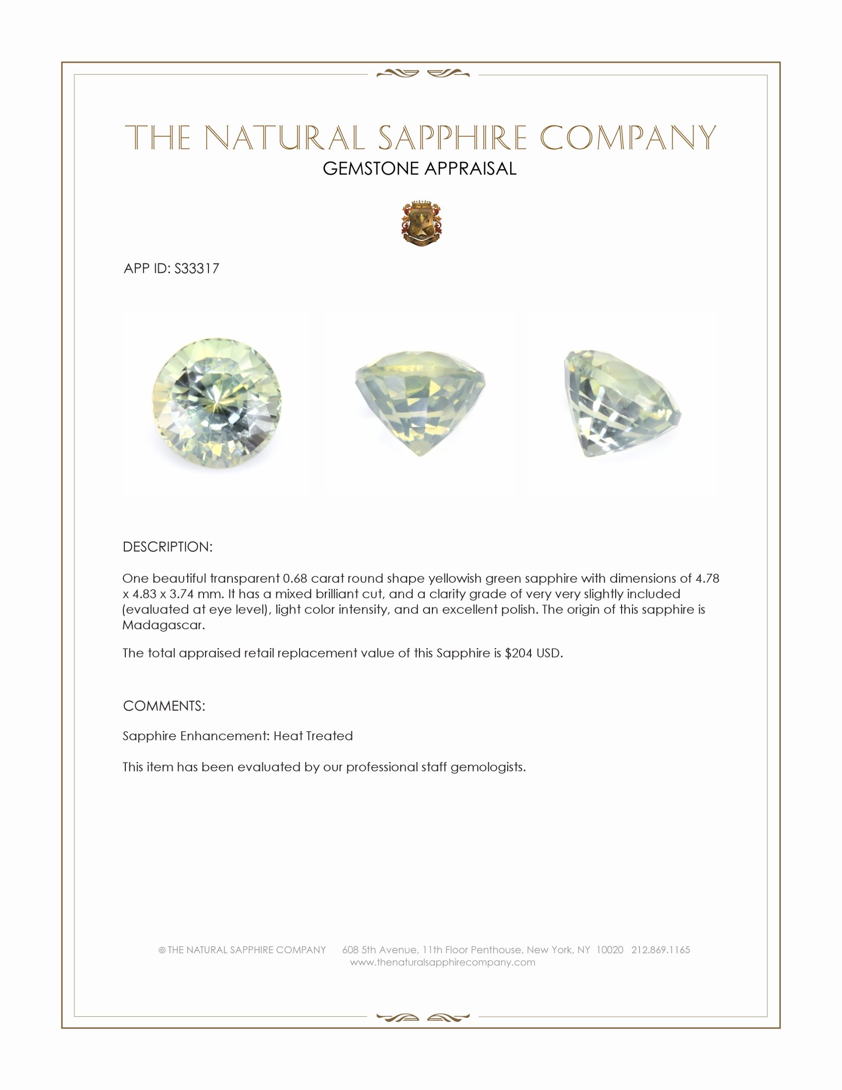 0.68 Ct. Yellowish Green Sapphire from Madagascar