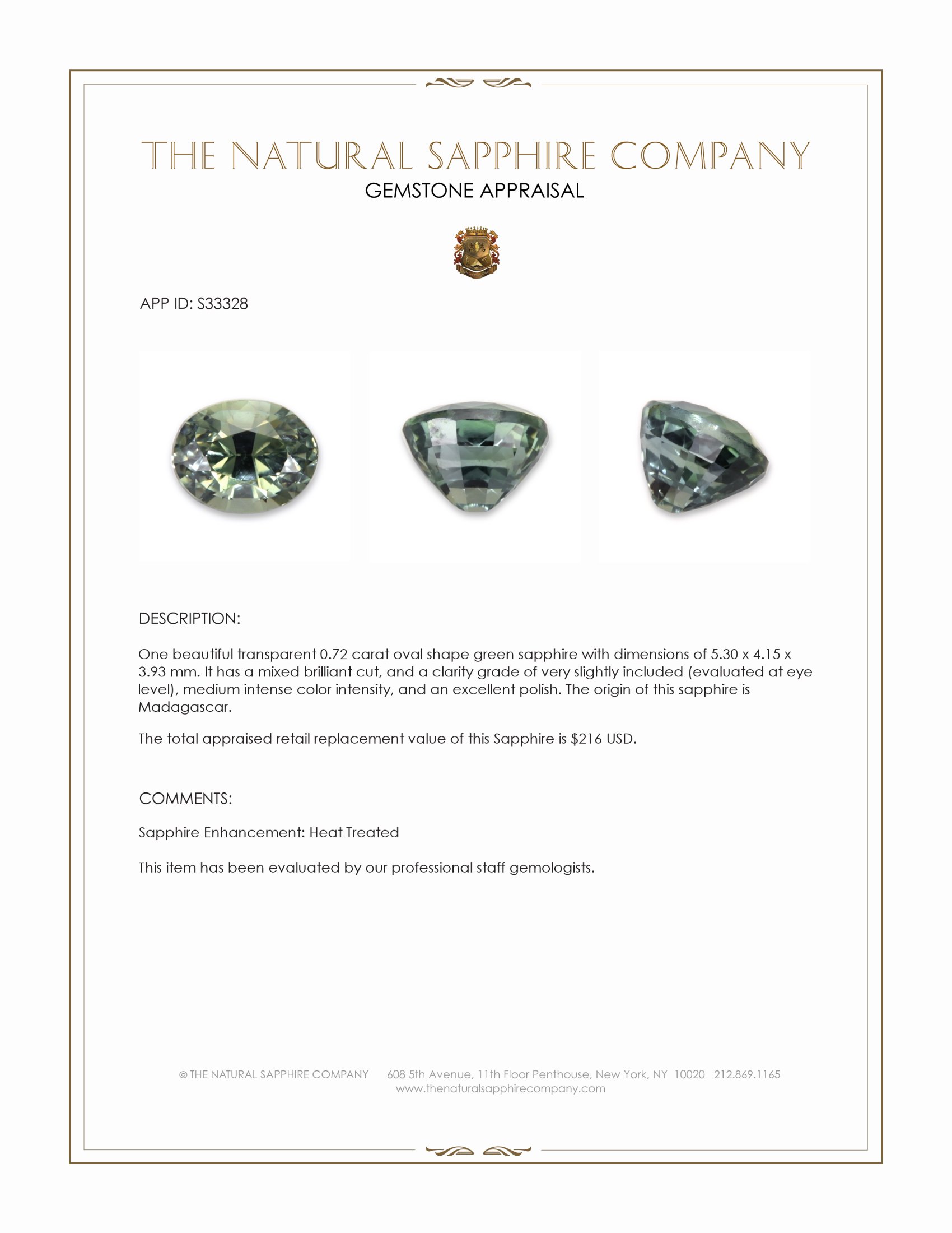 0.72 Ct. Green Sapphire from Madagascar