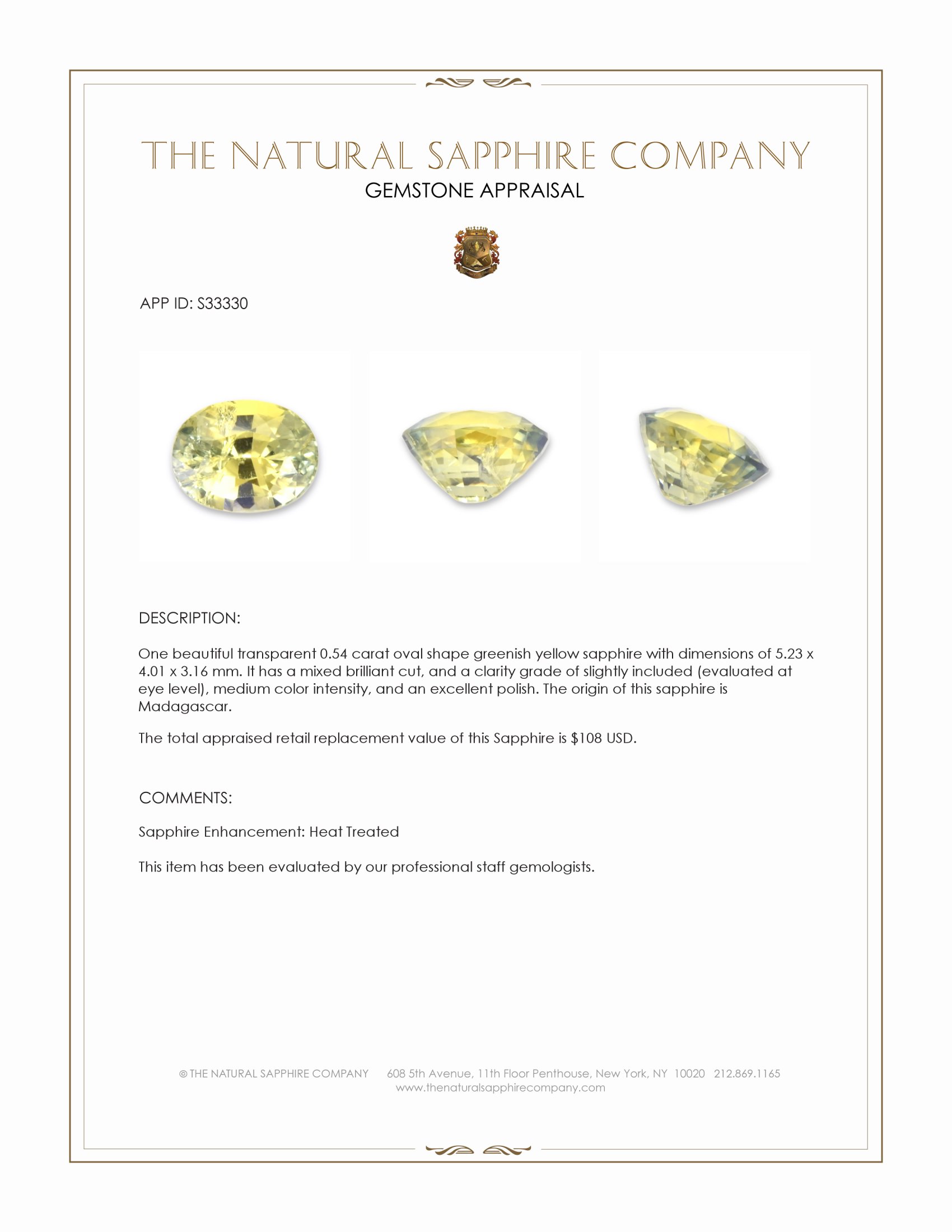 0.54 Ct. Greenish Yellow Sapphire from Madagascar