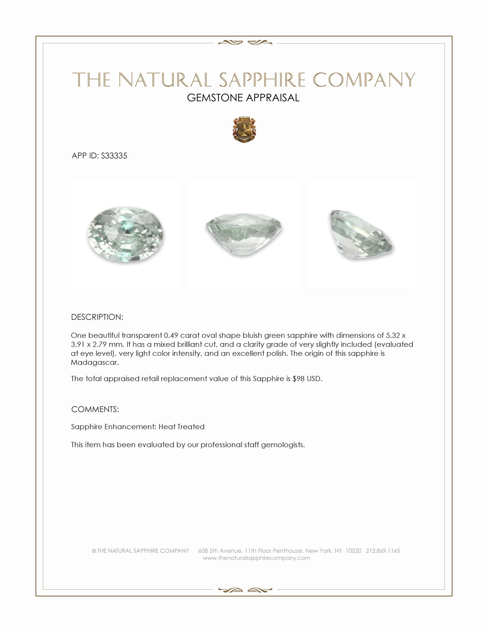 0.49 Ct. Bluish Green Sapphire from Madagascar