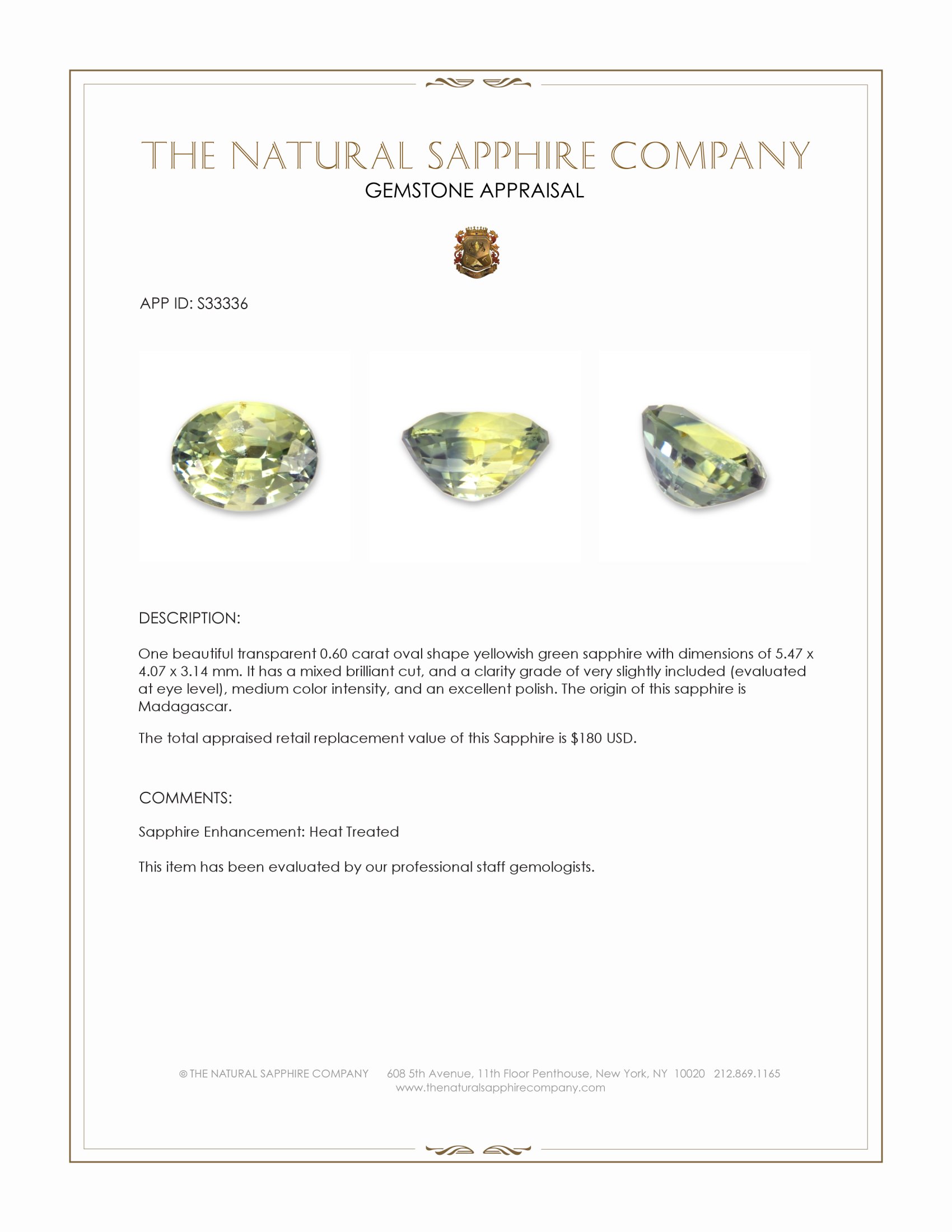 0.60 Ct. Yellowish Green Sapphire from Madagascar