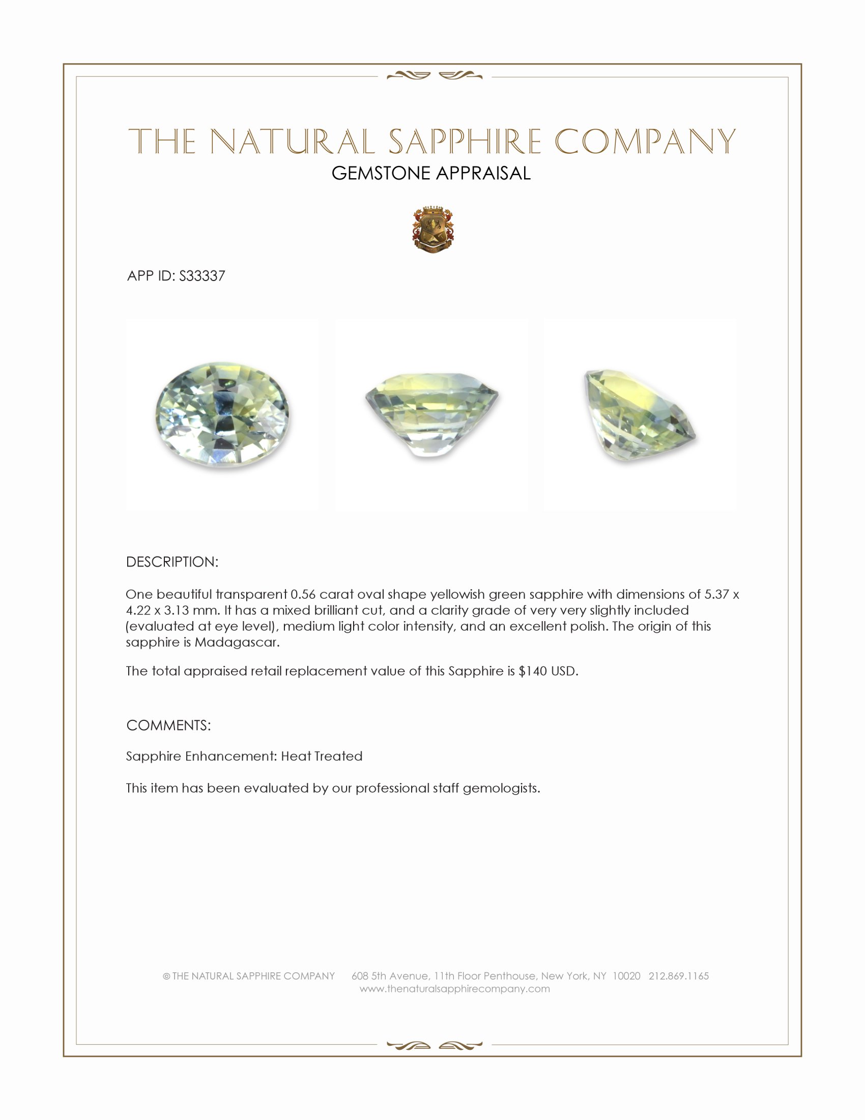 0.56 Ct. Yellowish Green Sapphire from Madagascar