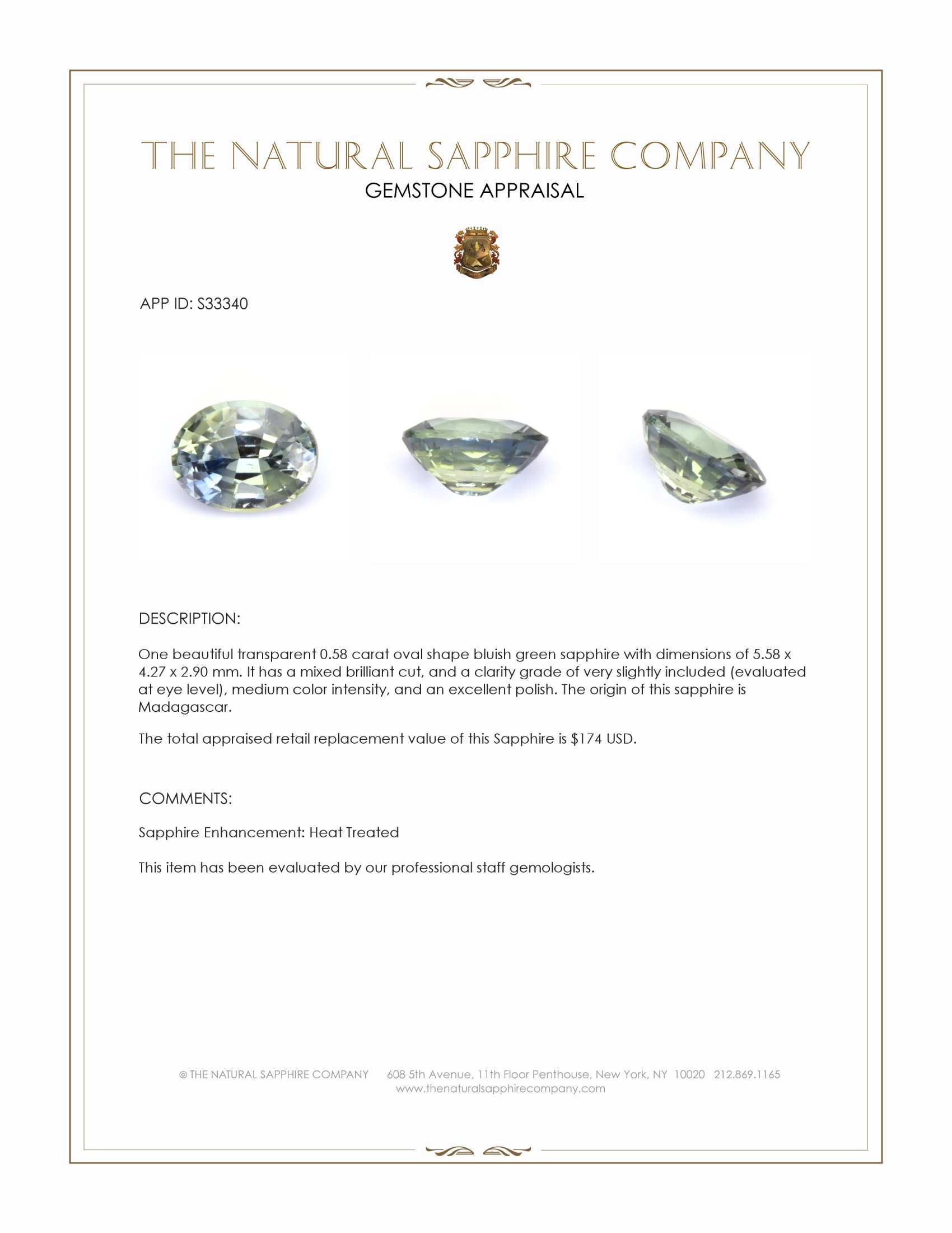 0.58 Ct. Bluish Green Sapphire from Madagascar