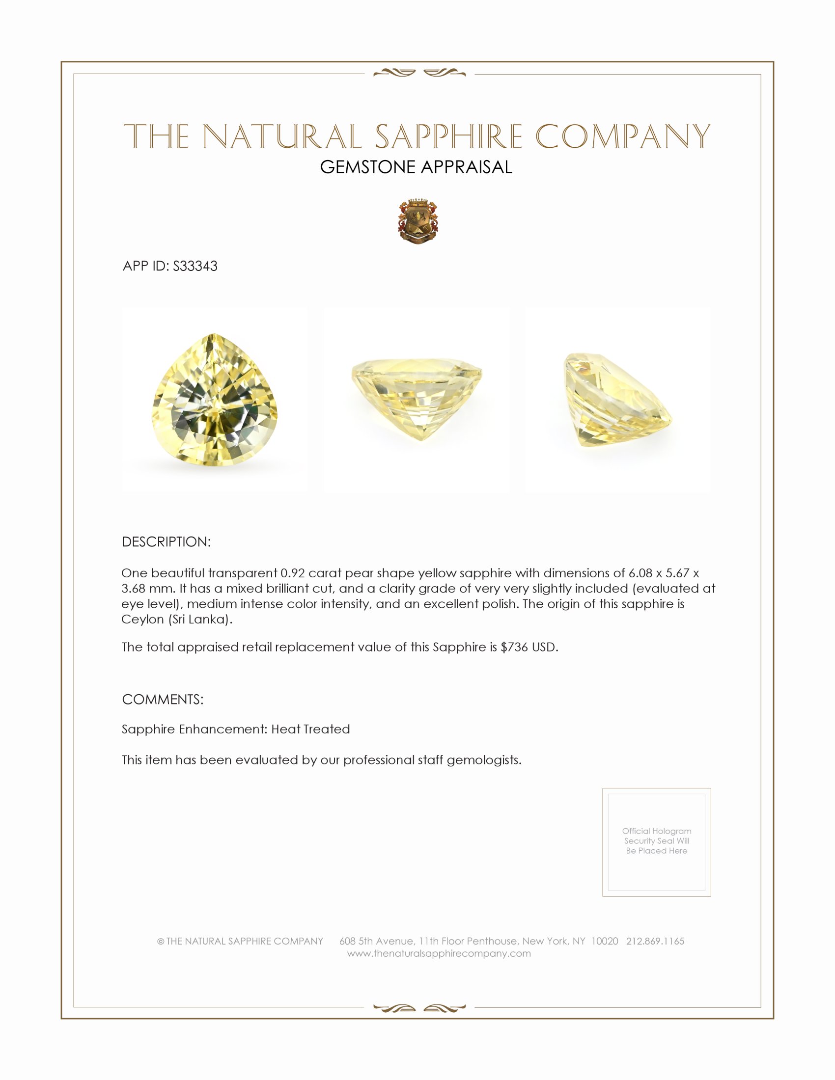 0.92 Ct. Yellow Sapphire from Ceylon (Sri Lanka)