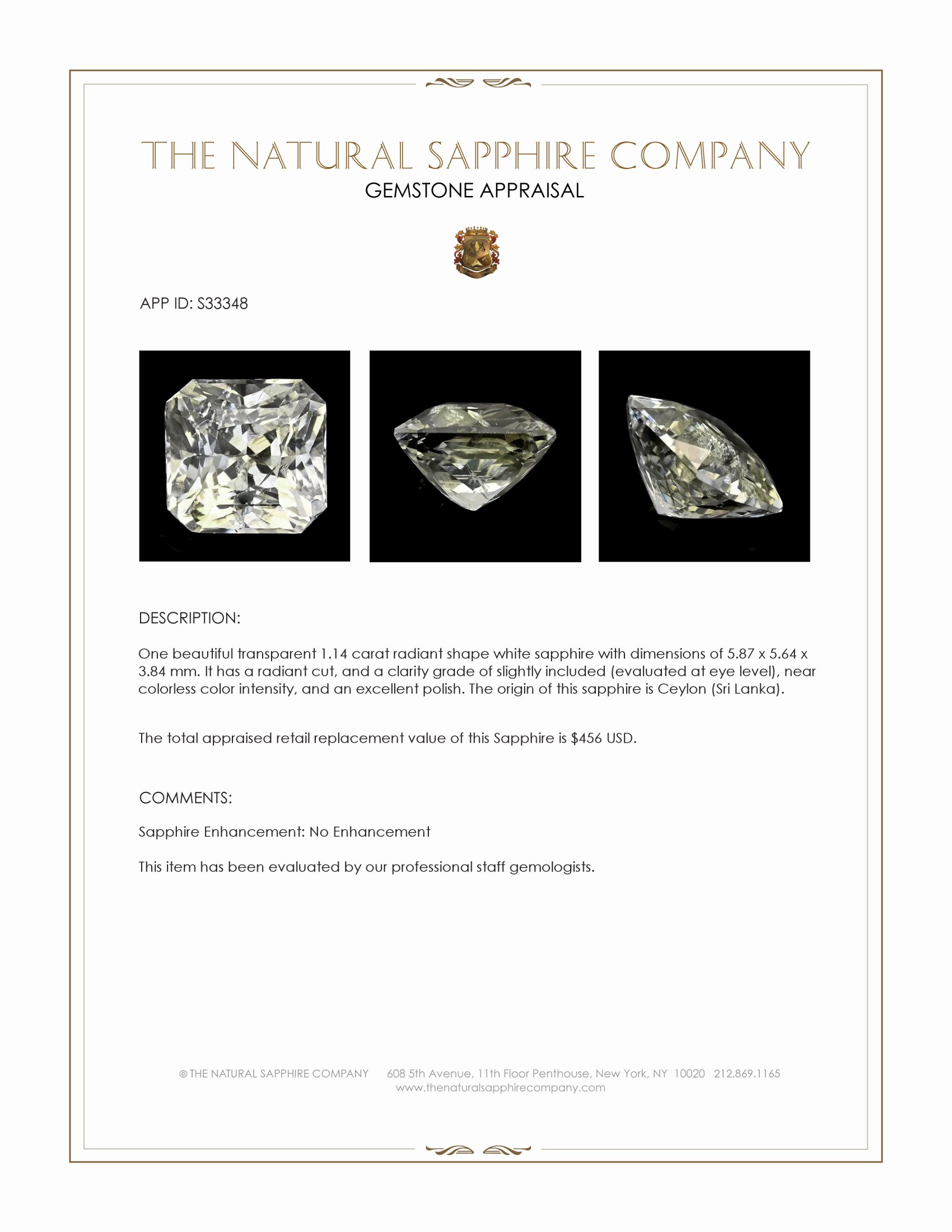 1.14 Ct. White Sapphire from Ceylon (Sri Lanka)