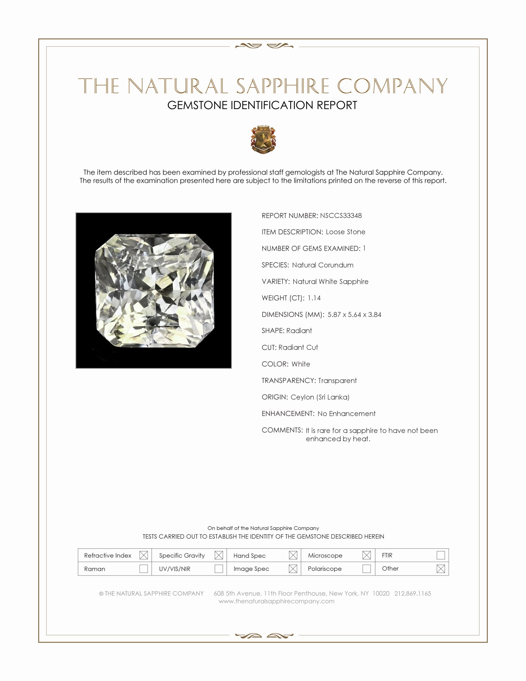 1.14 Ct. White Sapphire from Ceylon (Sri Lanka)