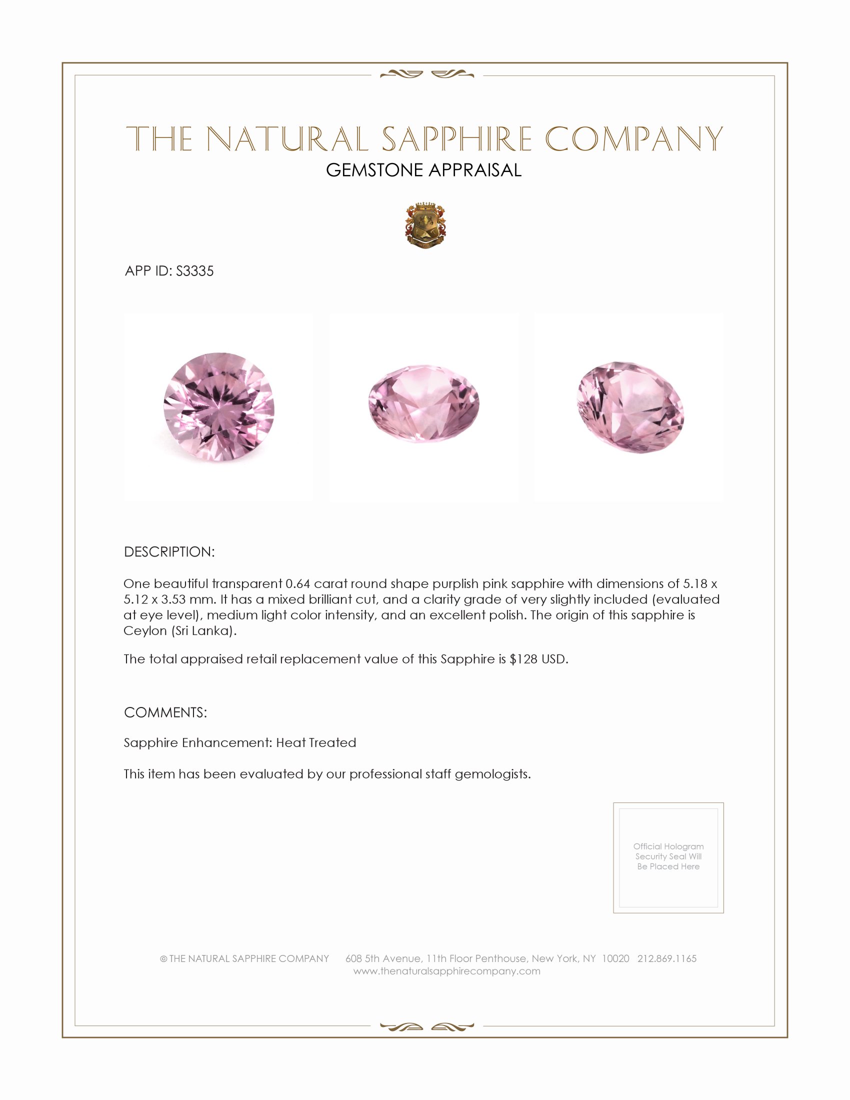 0.64 Ct. Purplish Pink Sapphire from Ceylon (Sri Lanka)