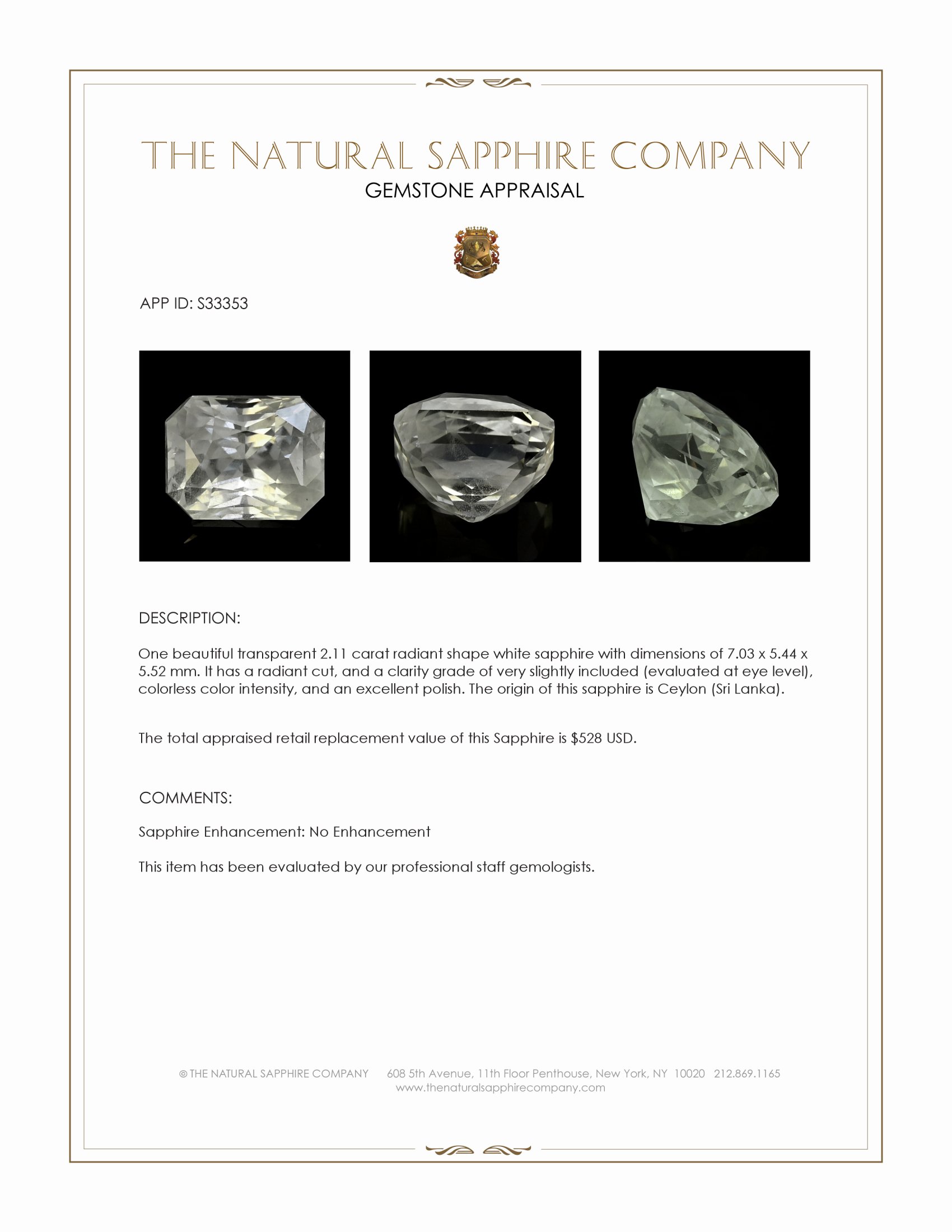 2.11 Ct. White Sapphire from Ceylon (Sri Lanka)