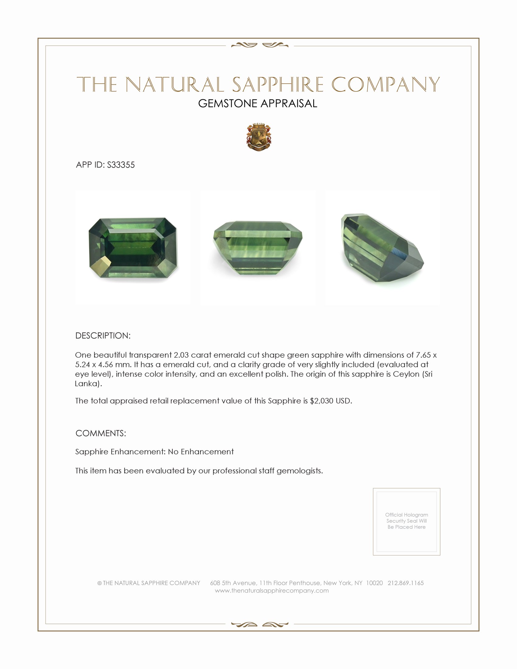 2.03 Ct. Green Sapphire from Ceylon (Sri Lanka)