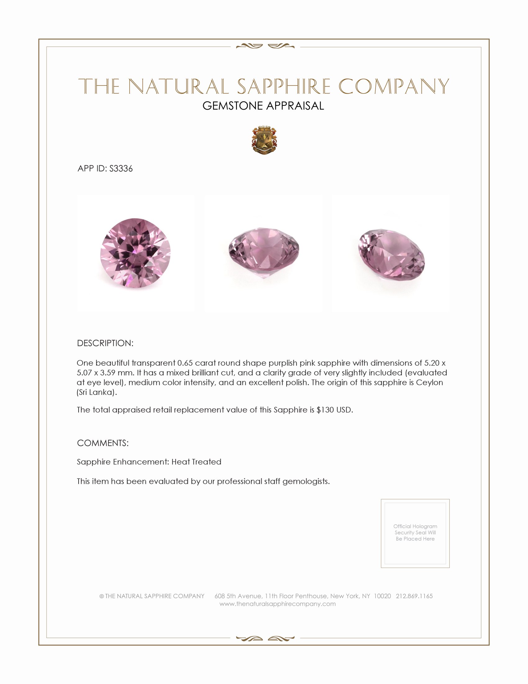 0.65 Ct. Purplish Pink Sapphire from Ceylon (Sri Lanka)