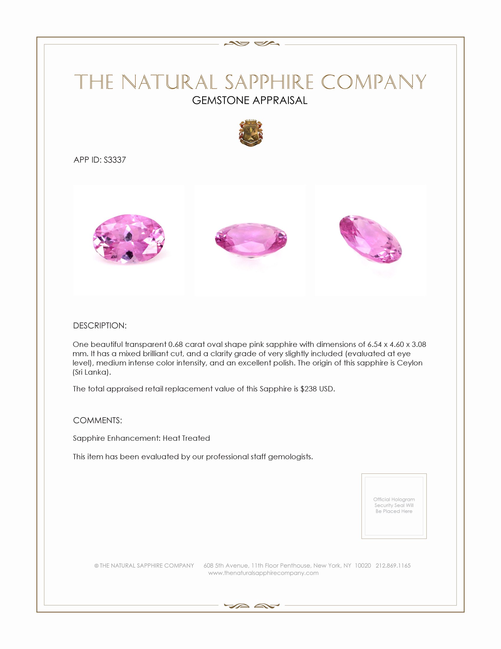 0.68 Ct. Pink Sapphire from Ceylon (Sri Lanka)