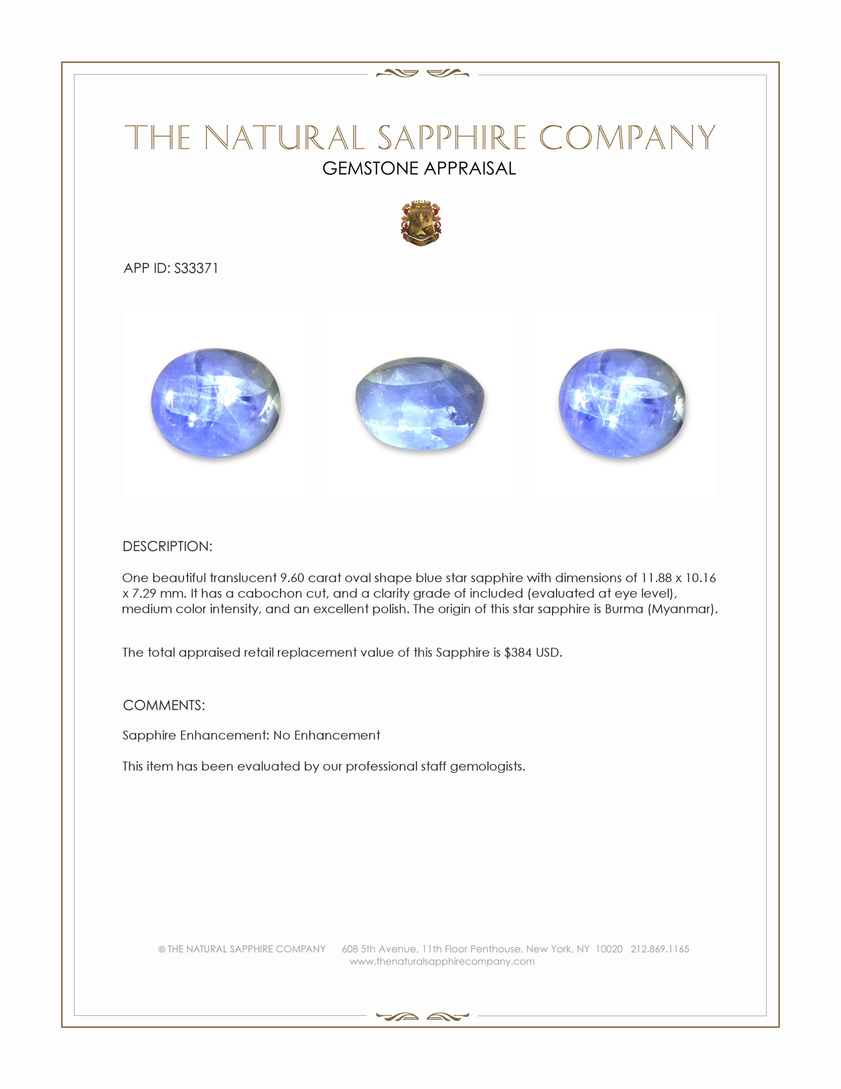 9.60 Ct. Blue Star Sapphire from Burma (Myanmar)