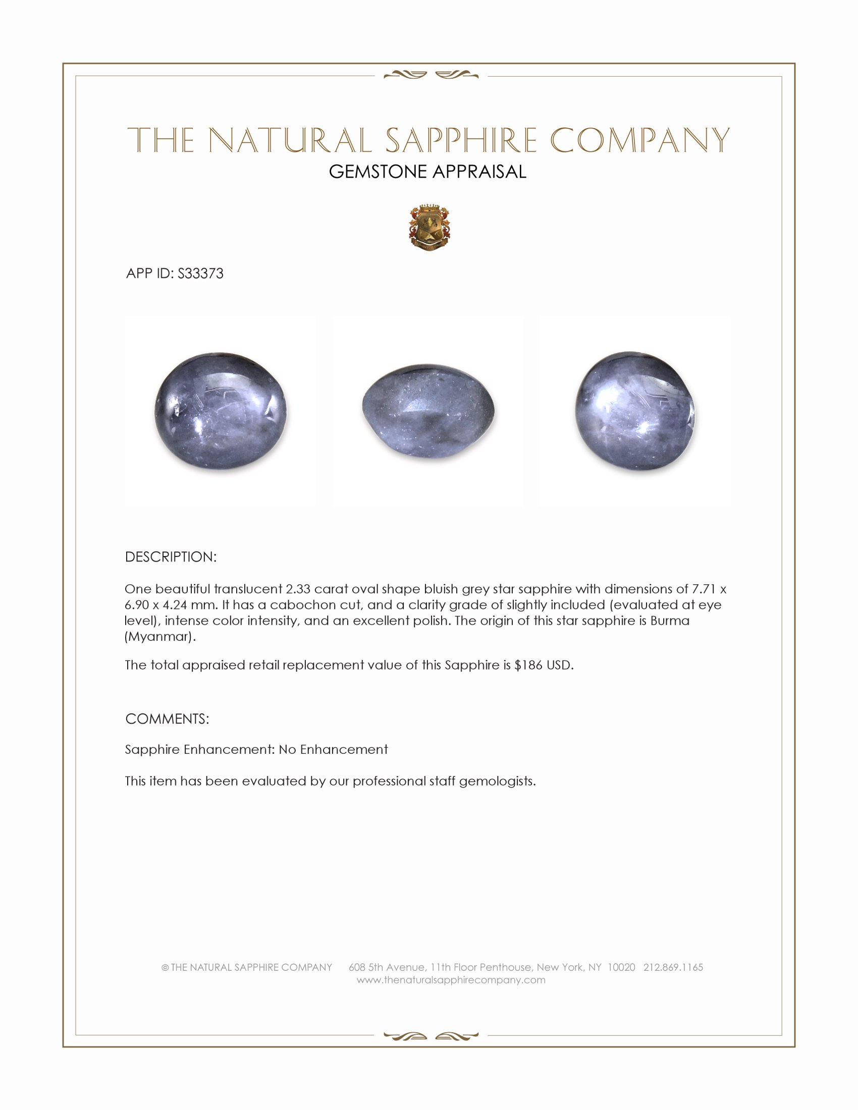 2.33 Ct. Bluish Grey Star Sapphire from Burma (Myanmar)