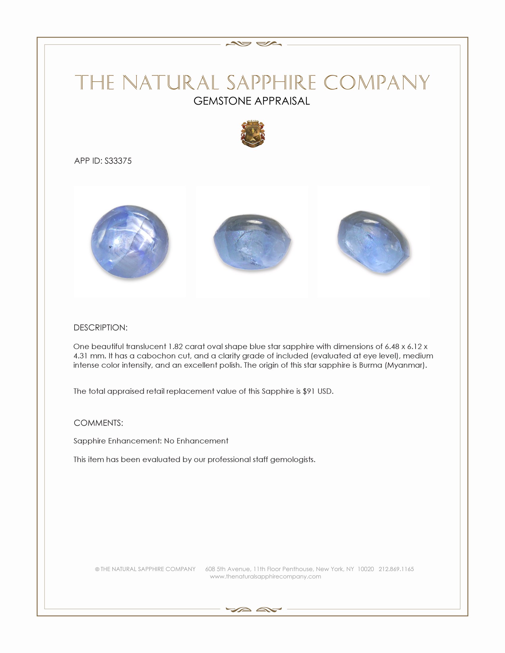 1.82 Ct. Blue Star Sapphire from Burma (Myanmar)