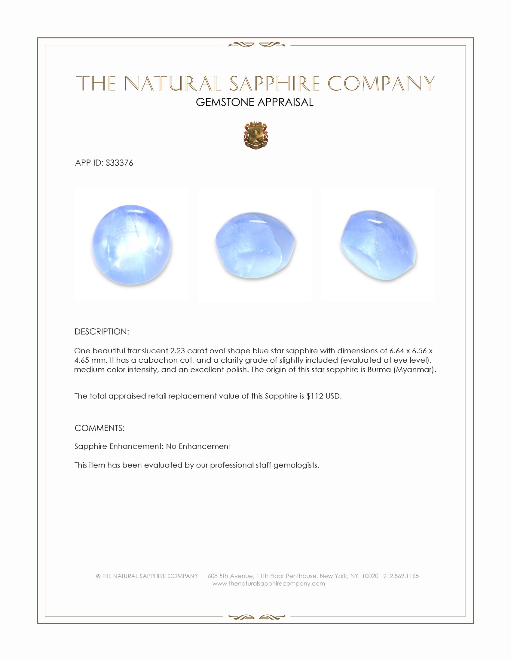 2.23 Ct. Blue Star Sapphire from Burma (Myanmar)