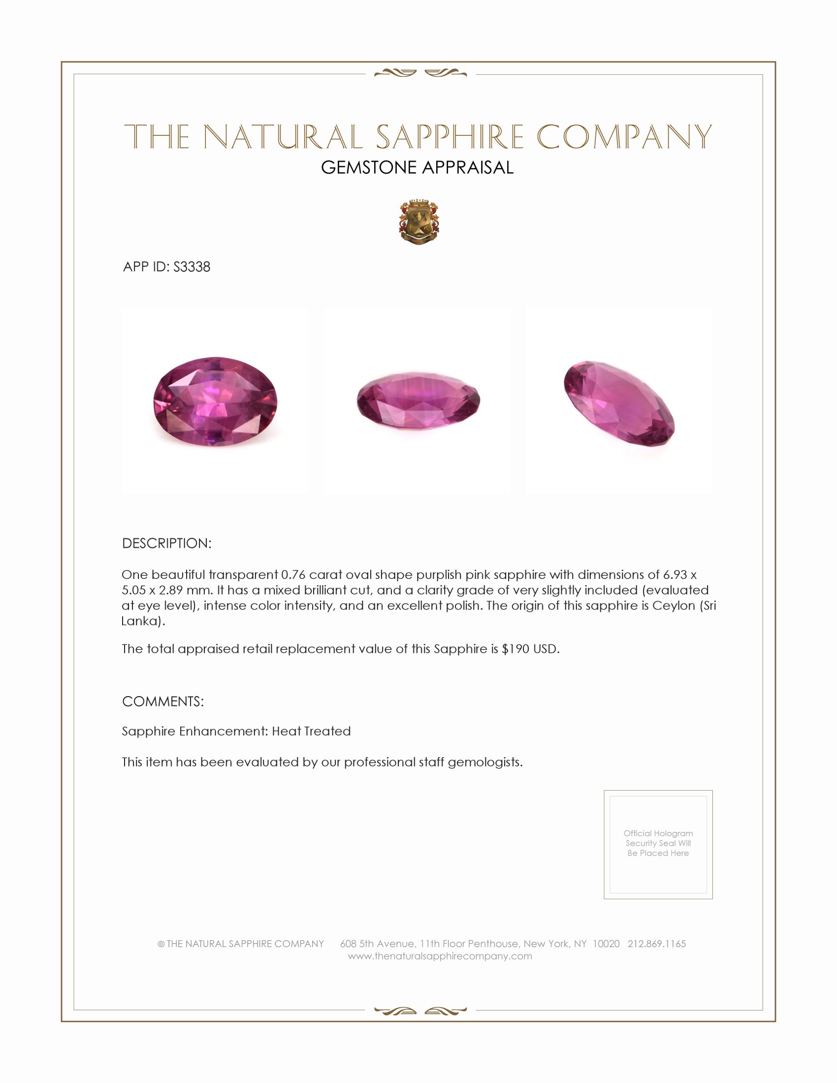 0.76 Ct. Purplish Pink Sapphire from Ceylon (Sri Lanka)