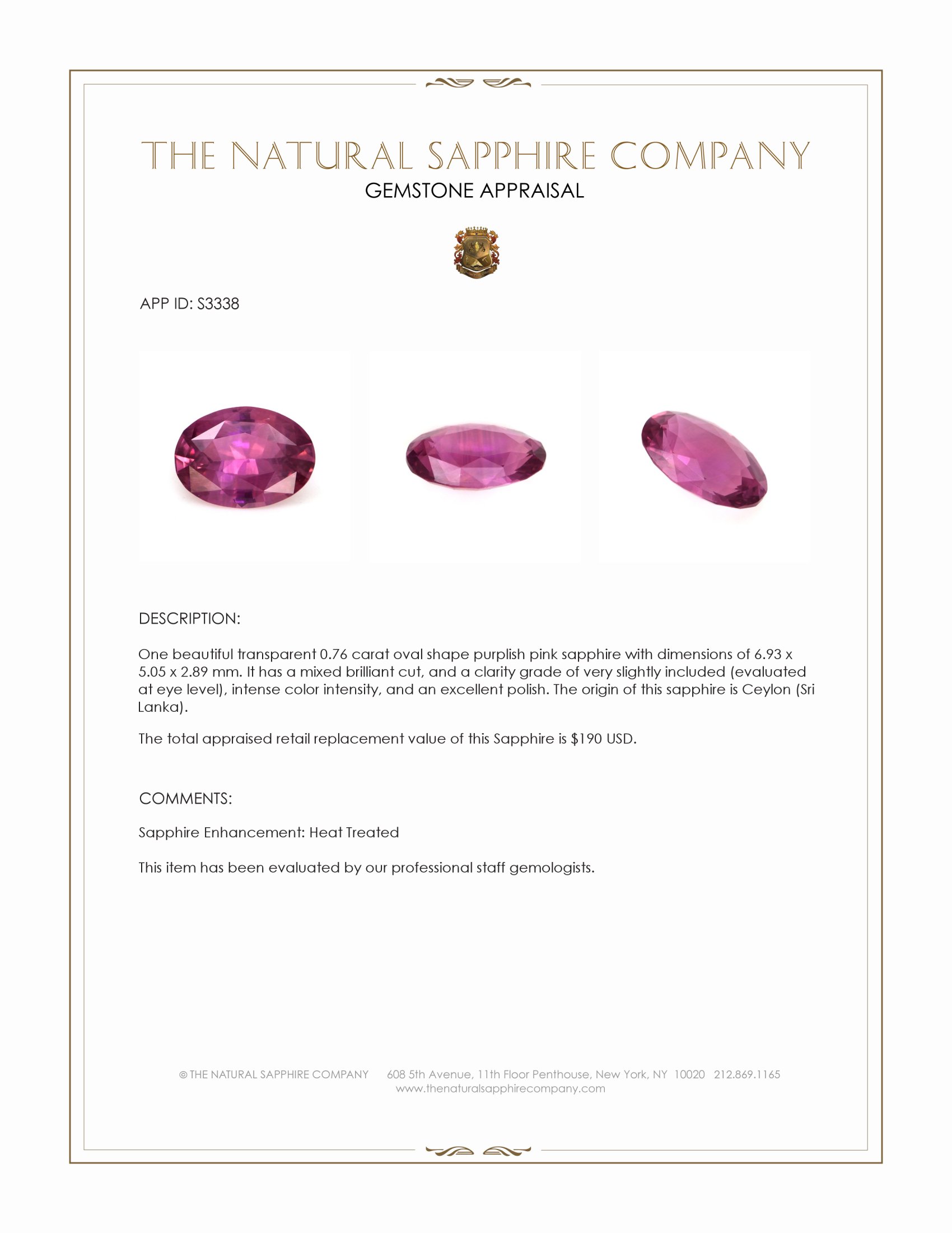 0.76 Ct. Purplish Pink Sapphire from Ceylon (Sri Lanka)