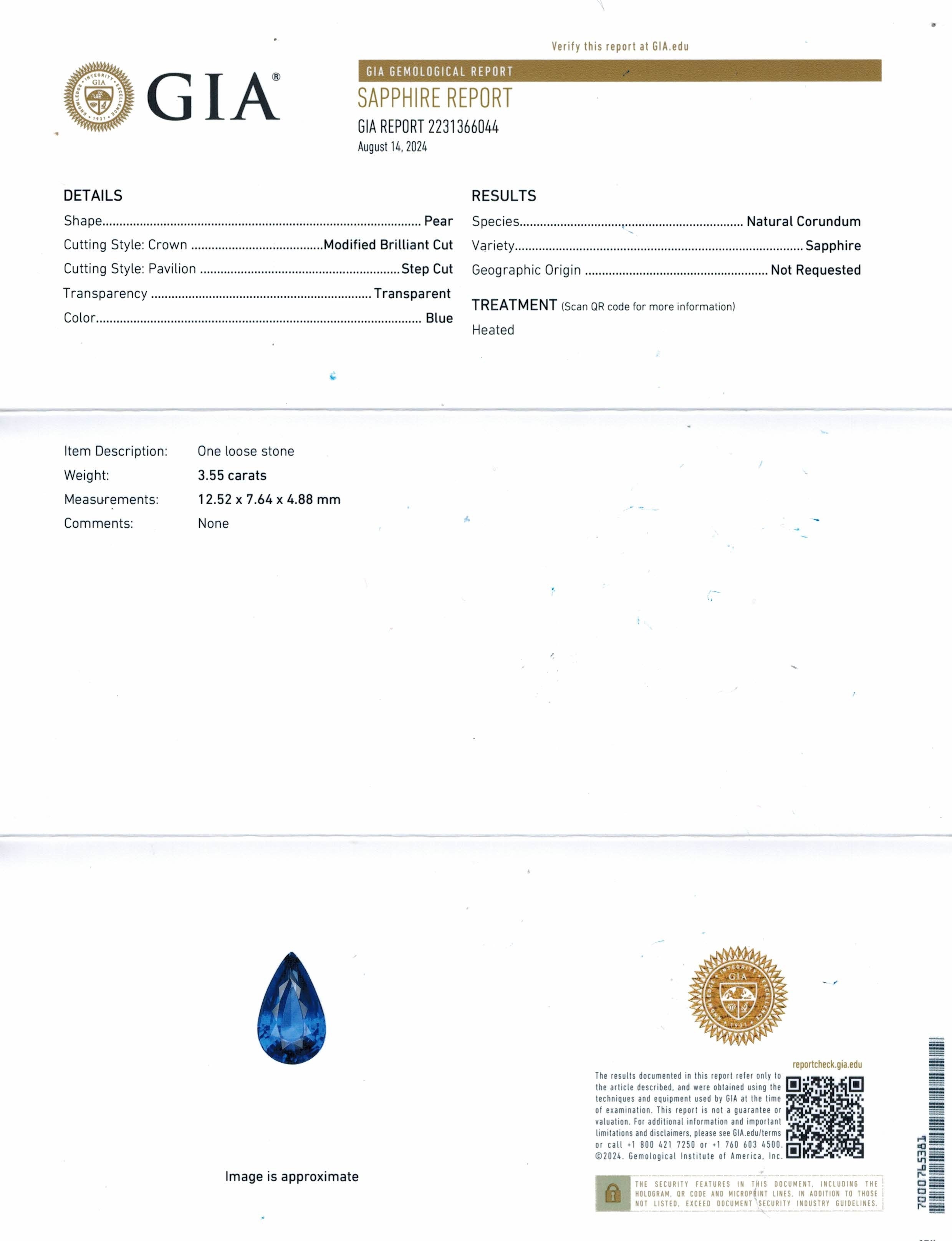 3.55 Ct. Blue Sapphire from Ceylon (Sri Lanka)