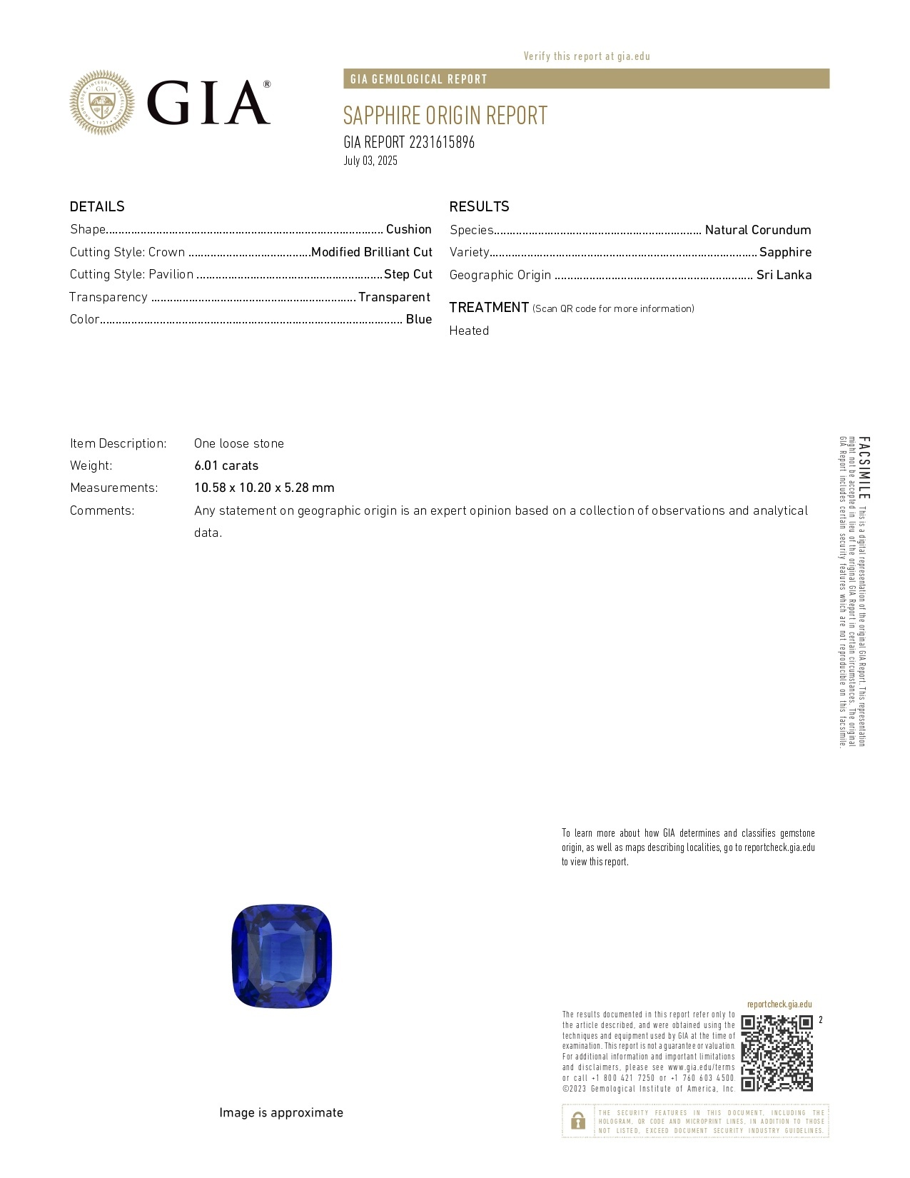 6.01 Ct. Blue Sapphire from Ceylon (Sri Lanka)