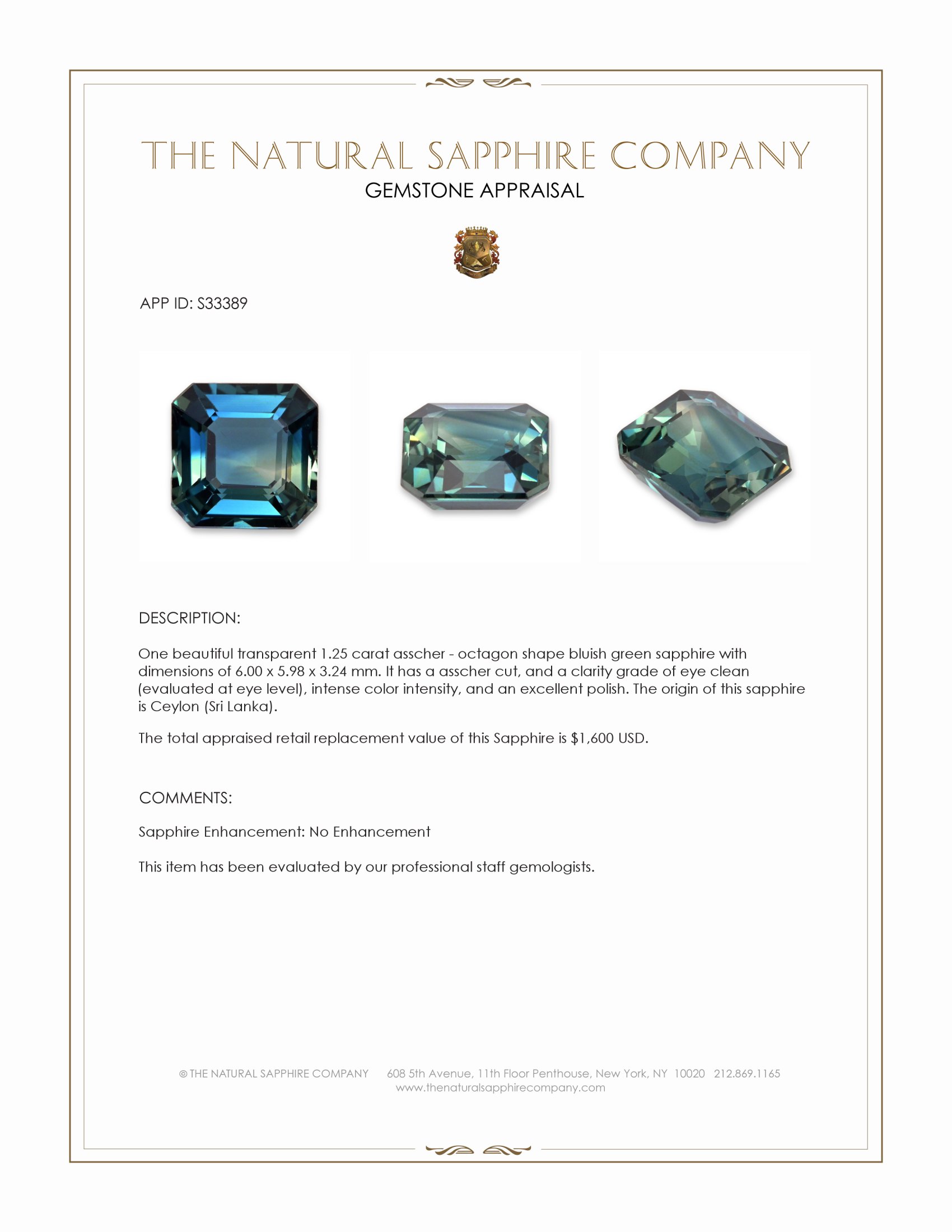 1.25 Ct. Bluish Green Sapphire from Ceylon (Sri Lanka)