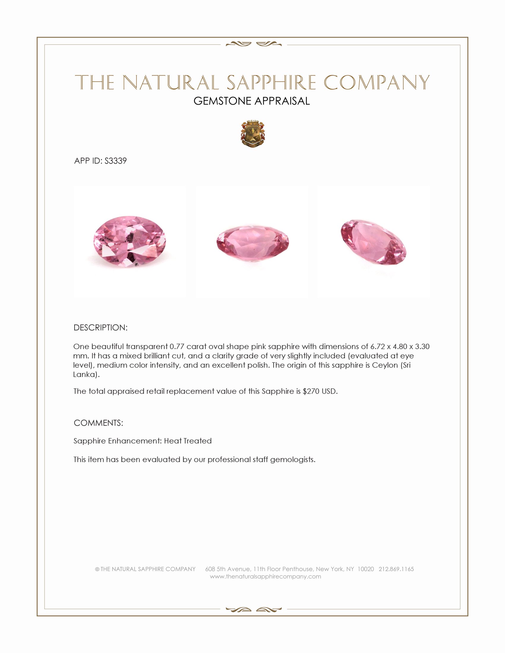 0.77 Ct. Pink Sapphire from Ceylon (Sri Lanka)