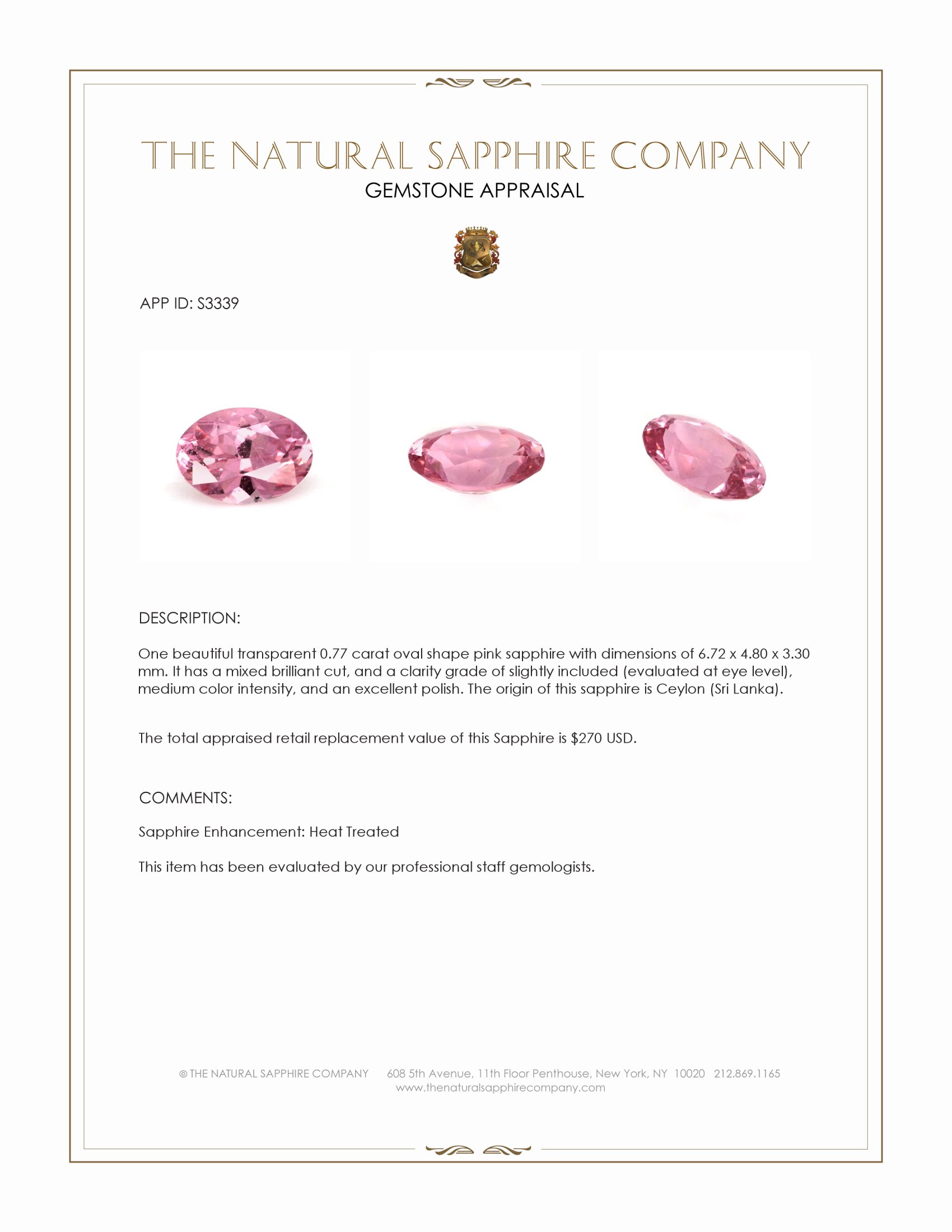 0.77 Ct. Pink Sapphire from Ceylon (Sri Lanka)
