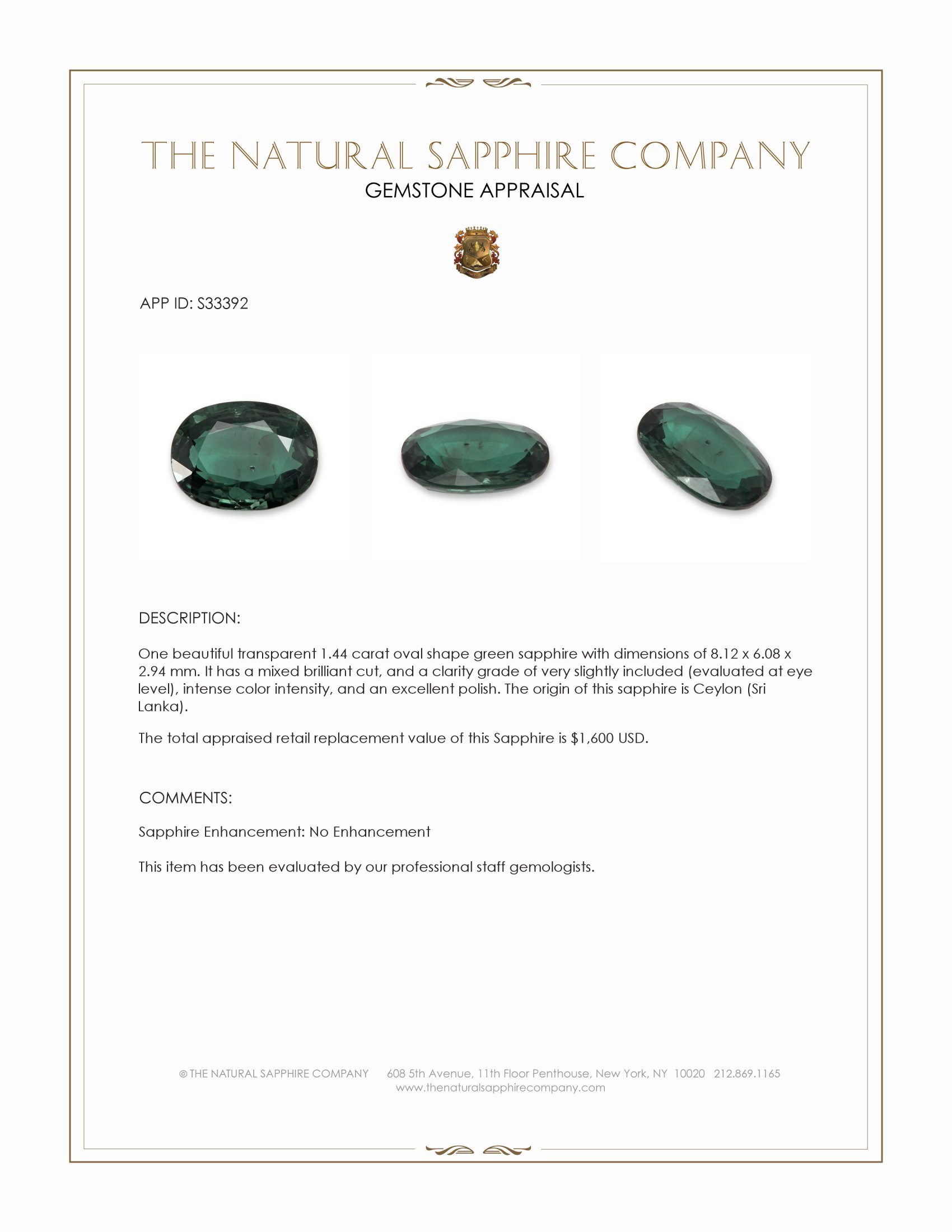 1.44 Ct. Green Sapphire from Ceylon (Sri Lanka)