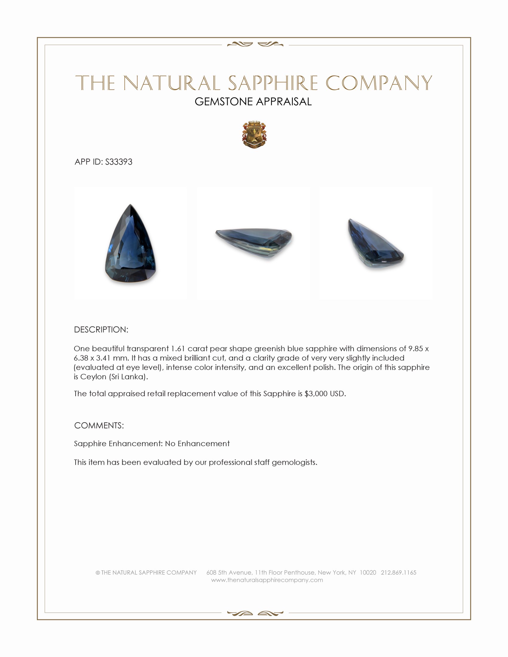 1.61 Ct. Greenish Blue Sapphire from Ceylon (Sri Lanka)