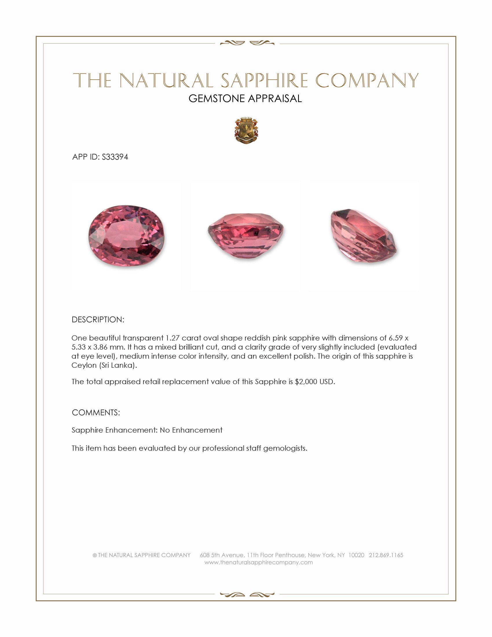1.27 Ct. Reddish Pink Sapphire from Ceylon (Sri Lanka)