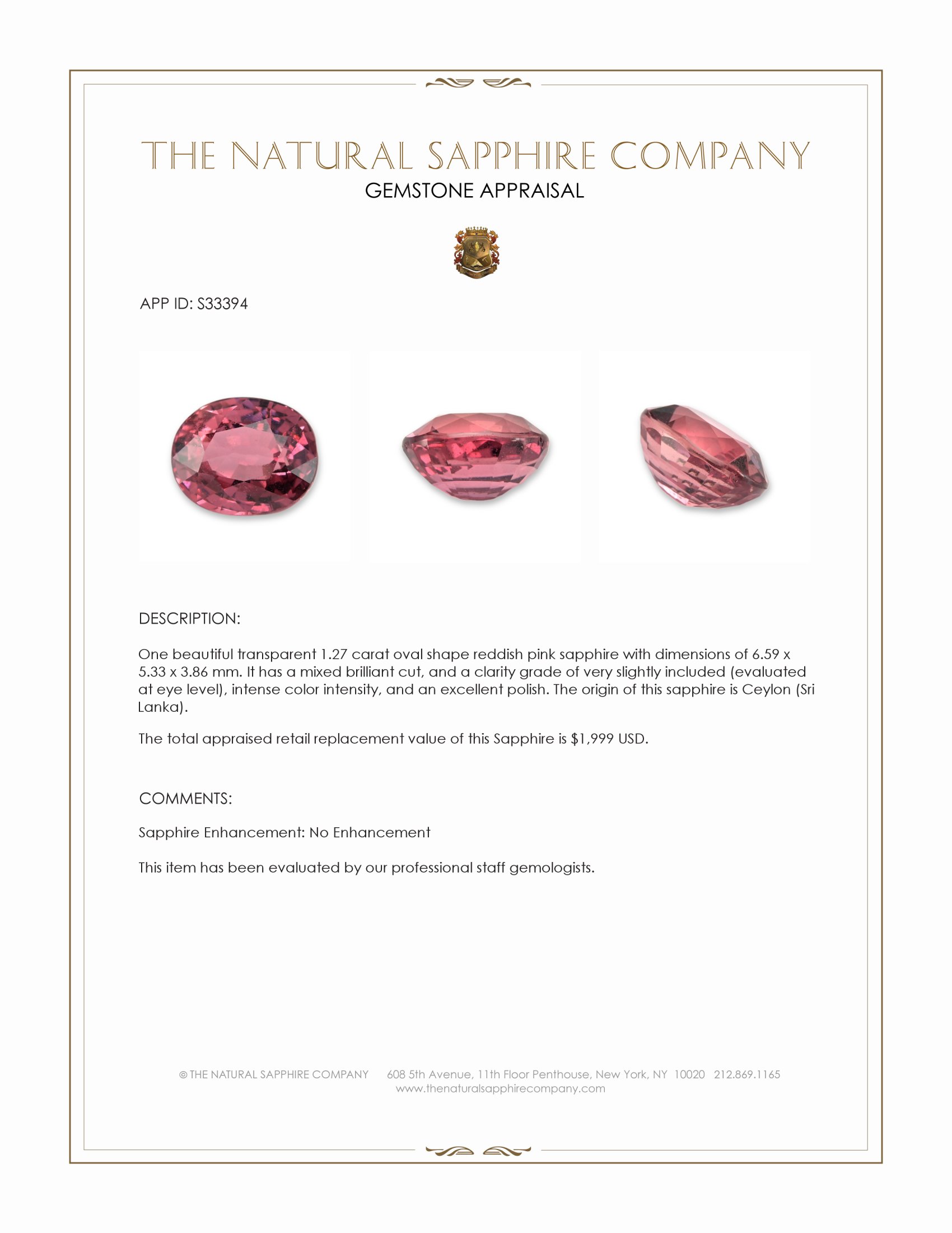1.27 Ct. Reddish Pink Sapphire from Ceylon (Sri Lanka)