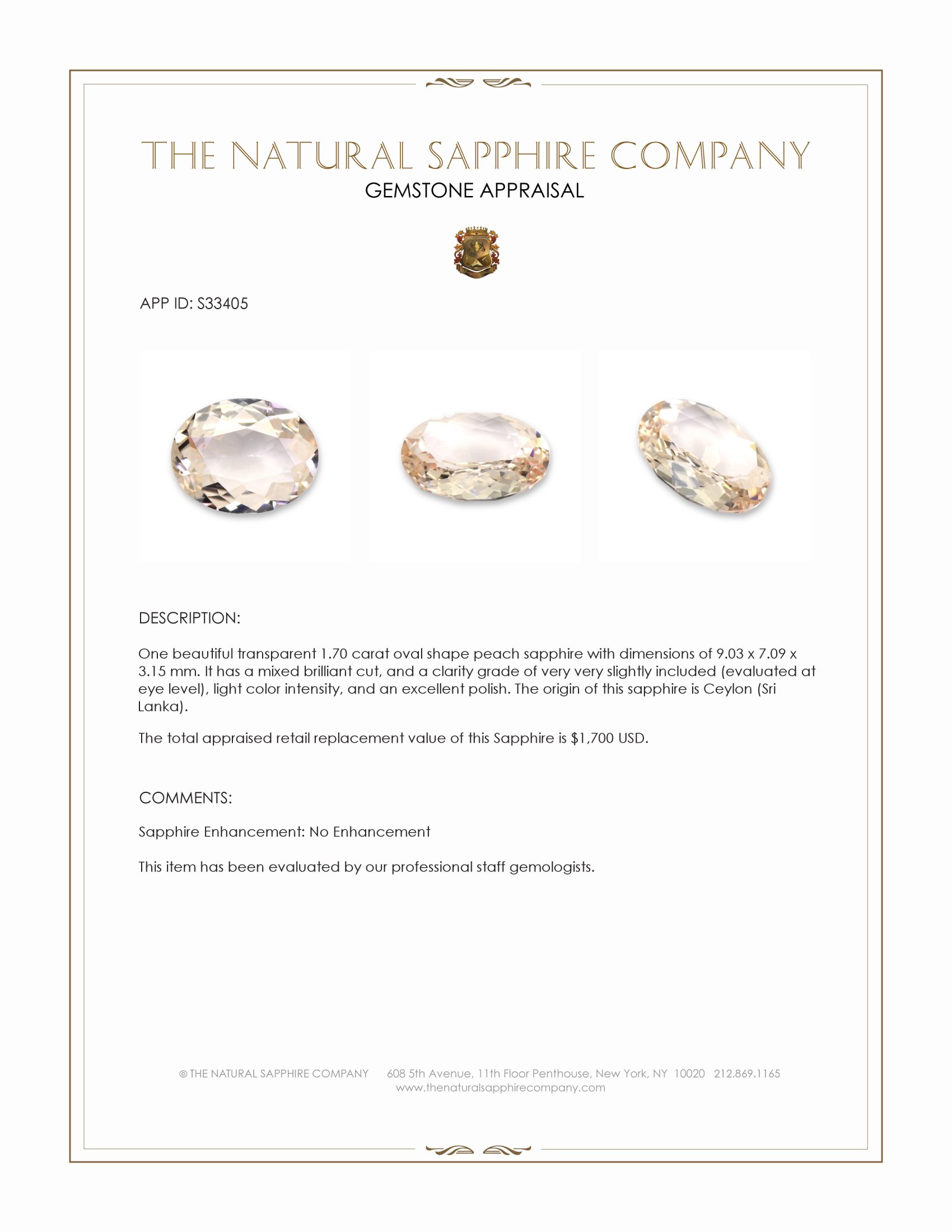 1.70 Ct. Peach Sapphire from Ceylon (Sri Lanka)