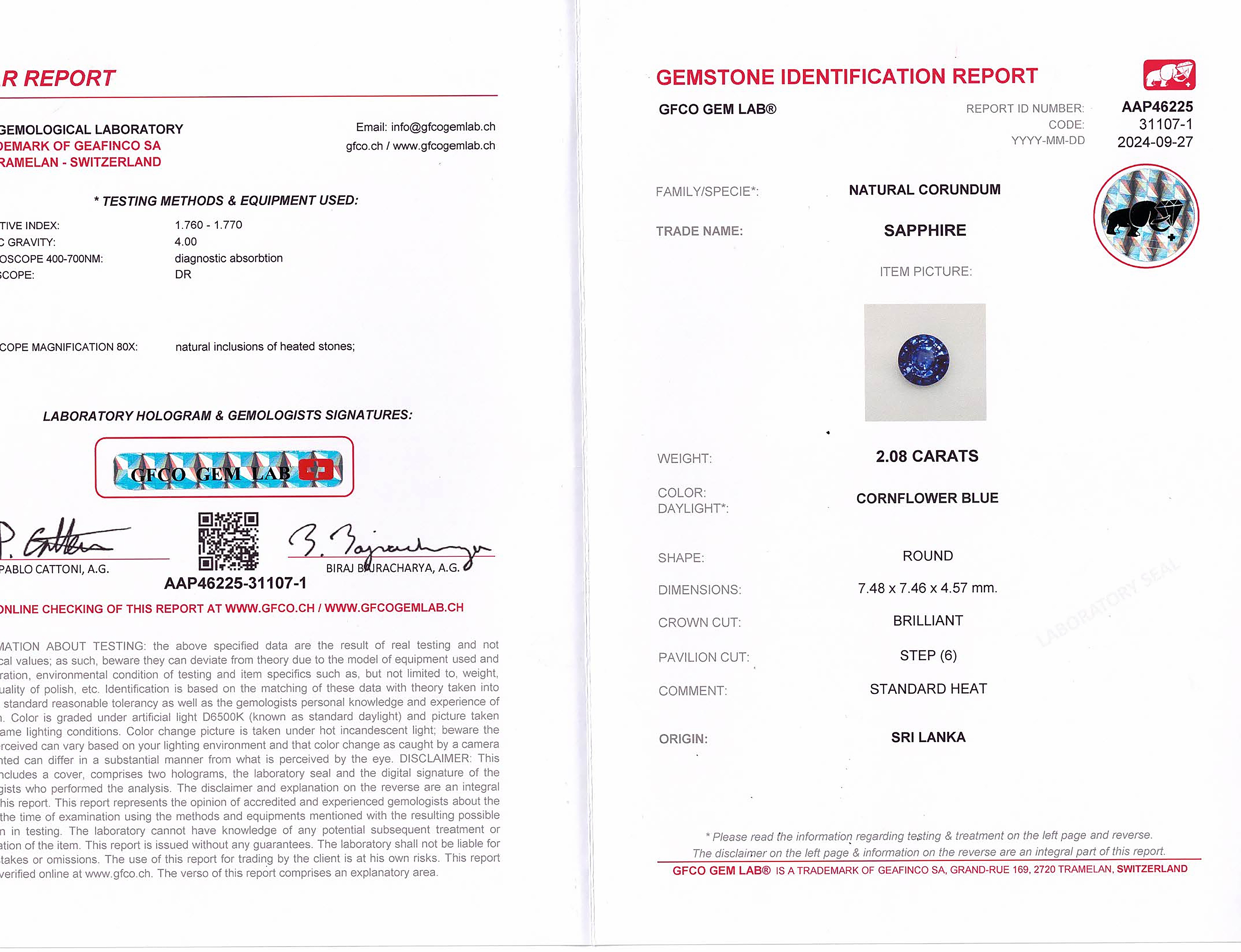 2.08 Ct. Blue Sapphire from Ceylon (Sri Lanka)