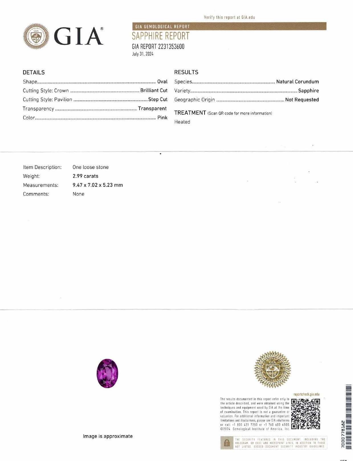2.99 Ct. Pink Sapphire from Ceylon (Sri Lanka)