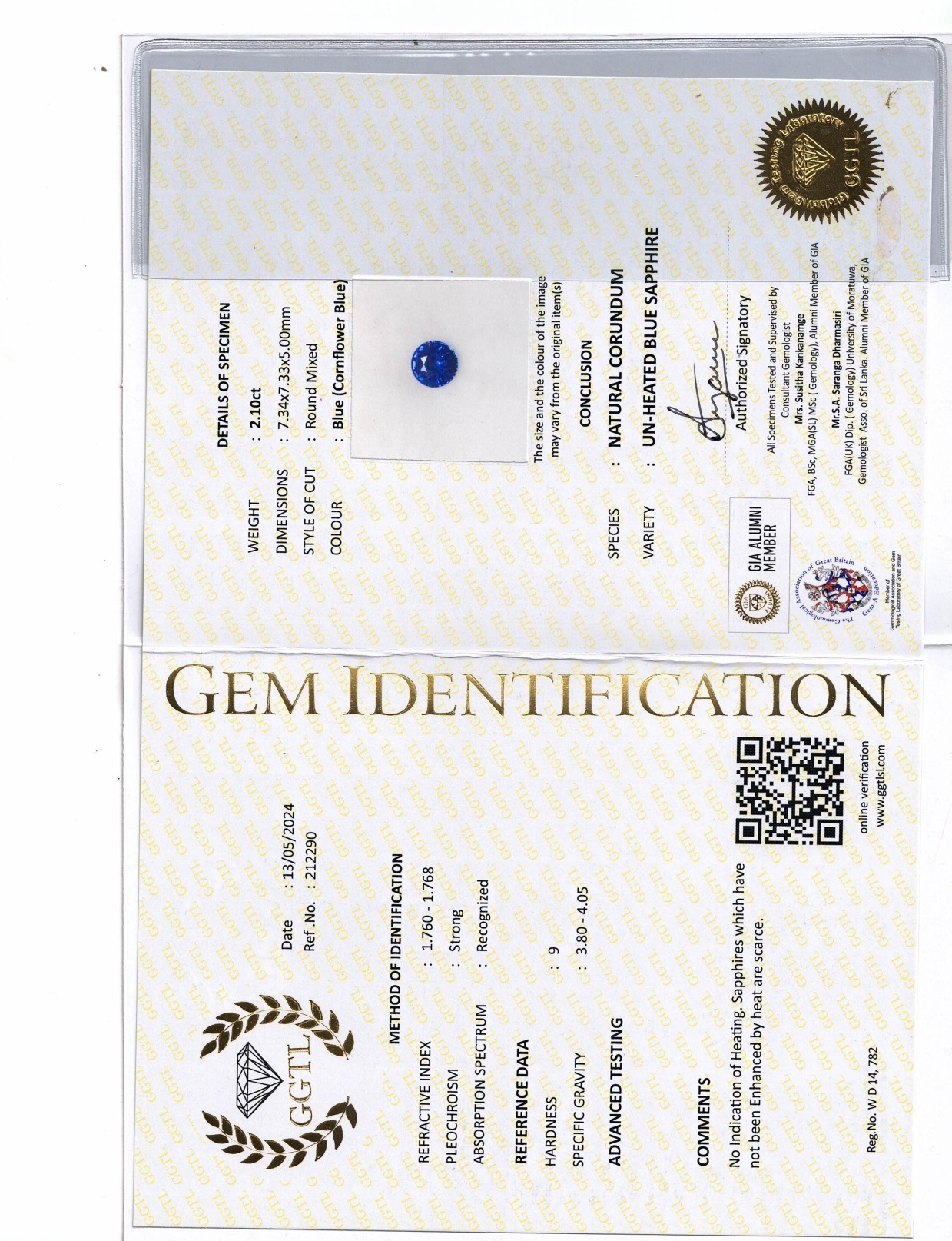 2.10 Ct. Blue Sapphire from Ceylon (Sri Lanka)