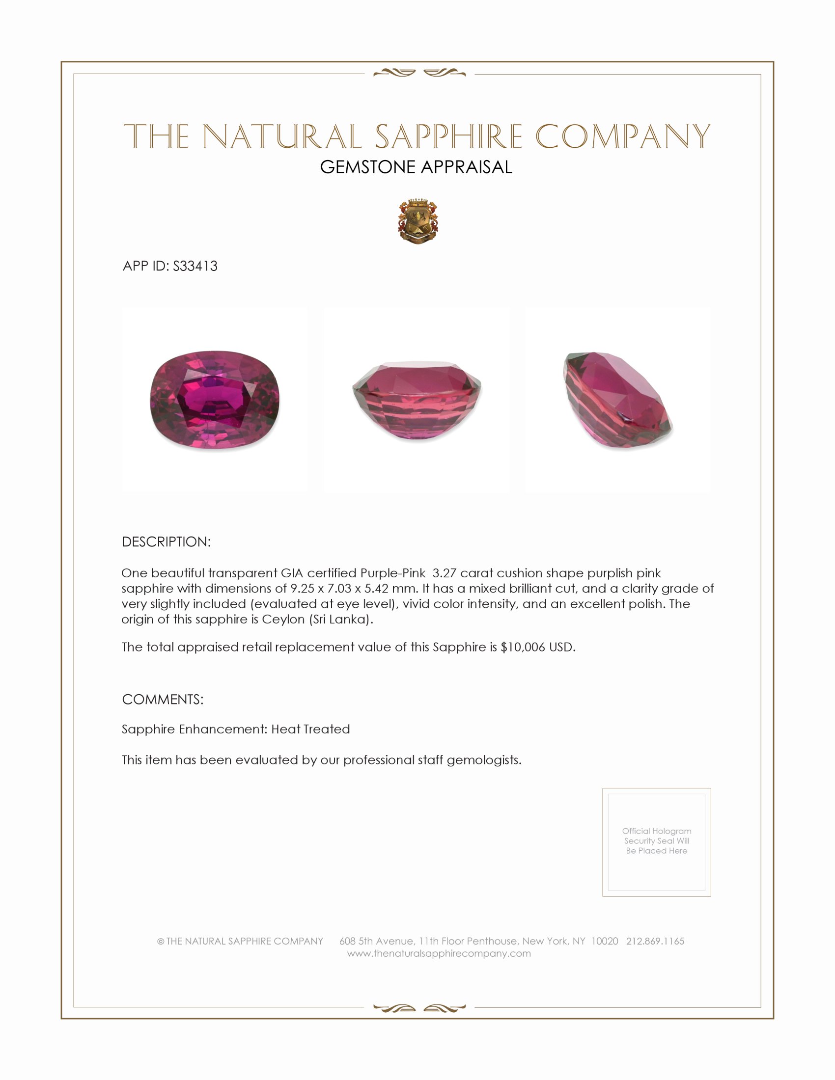 3.27 Ct. Purplish Pink Sapphire from Ceylon (Sri Lanka)