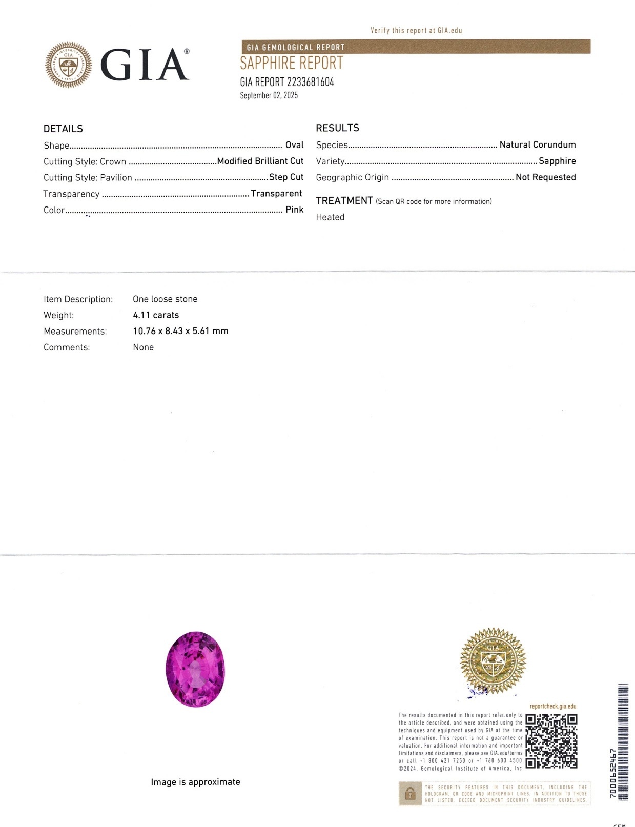 4.11 Ct. Pink Sapphire from Madagascar