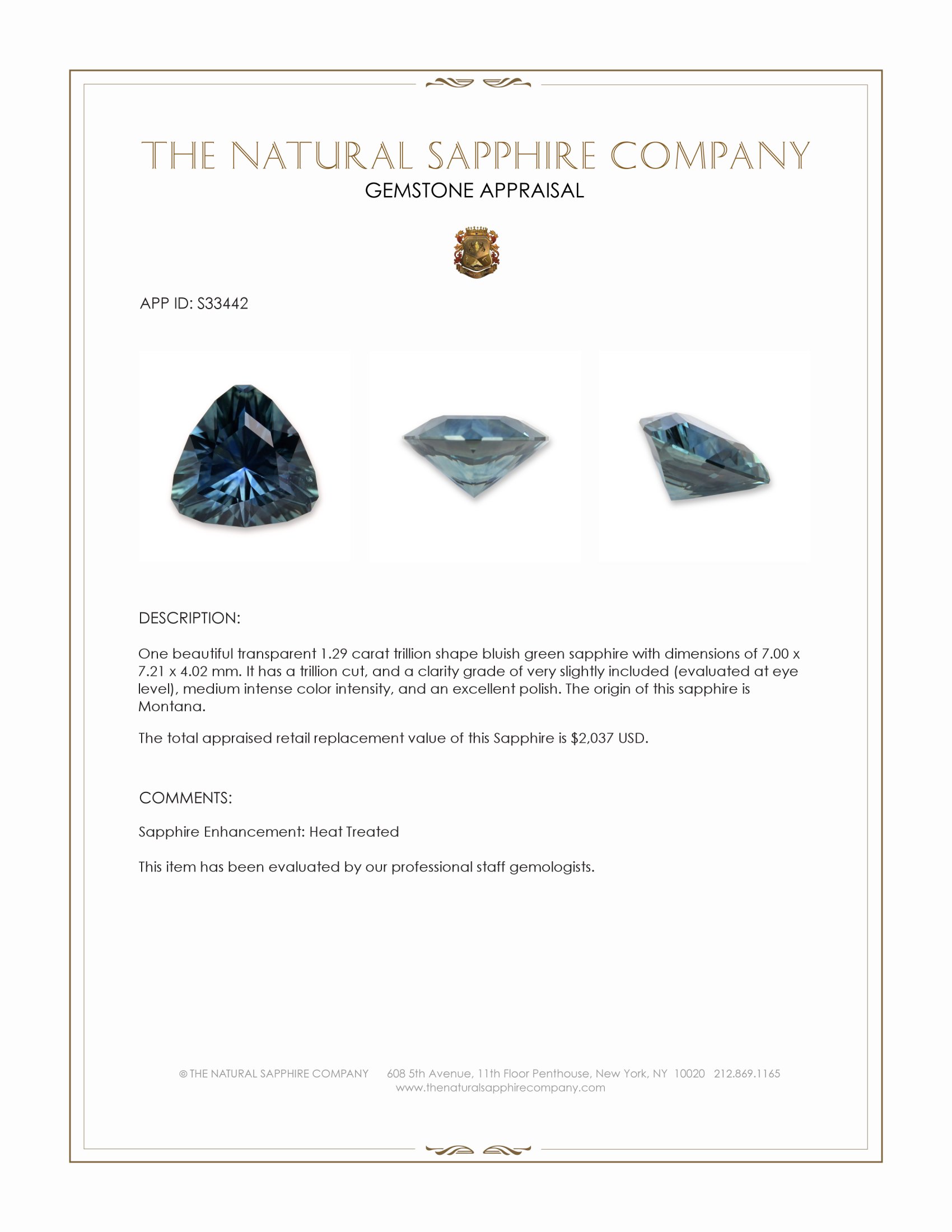 1.29 Ct. Bluish Green Sapphire from Montana