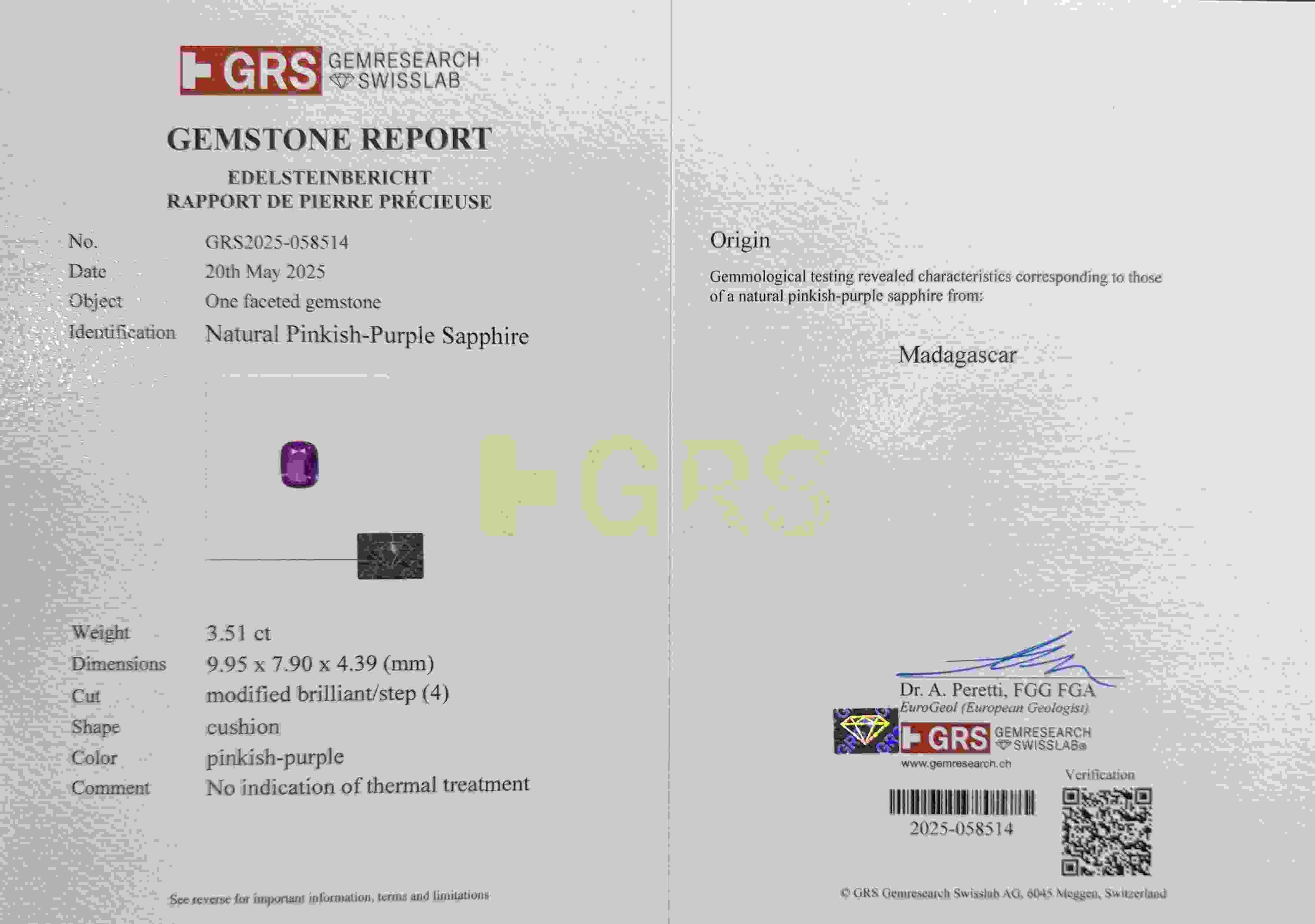 3.51 Ct. Pinkish Purple Sapphire from Madagascar