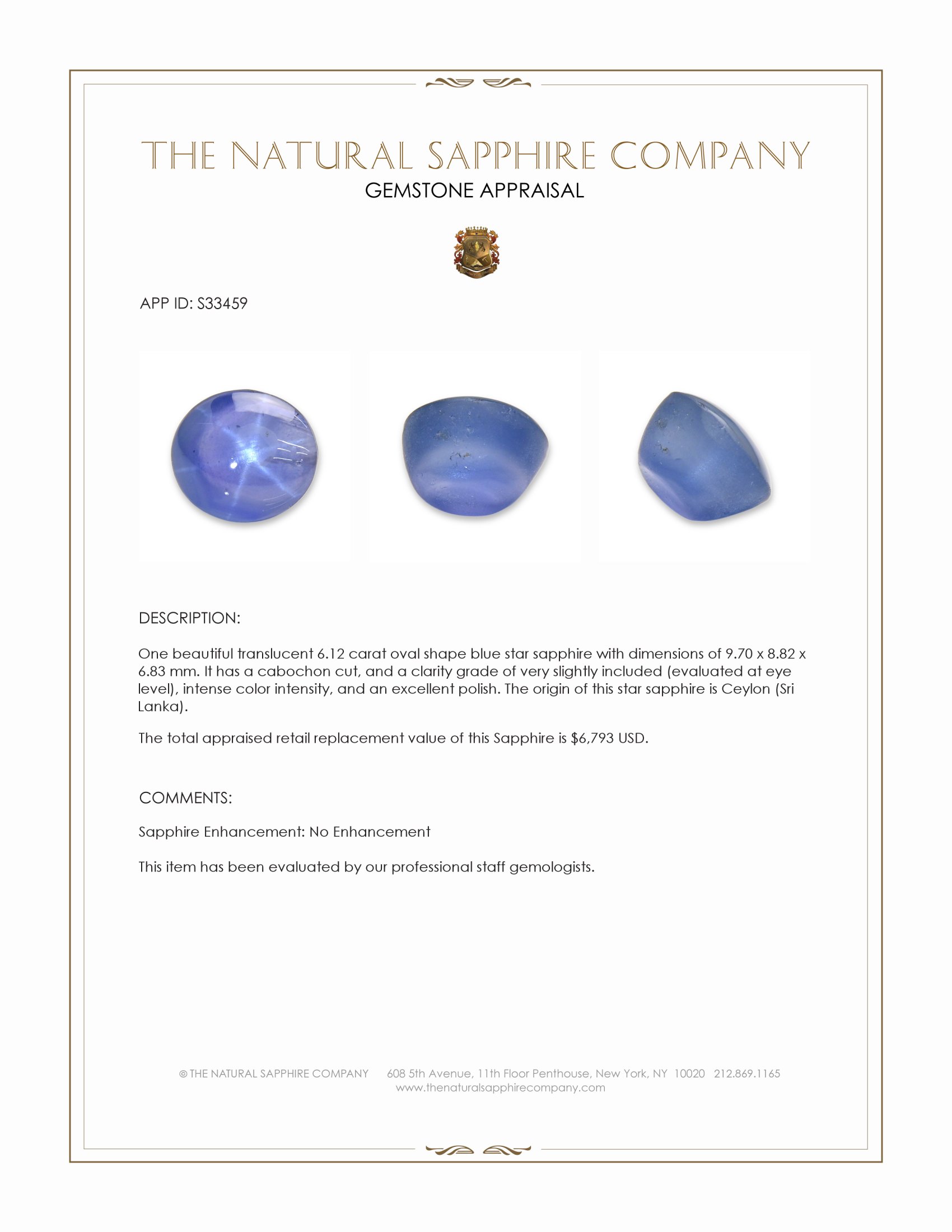 6.12 Ct. Blue Star Sapphire from Ceylon (Sri Lanka)