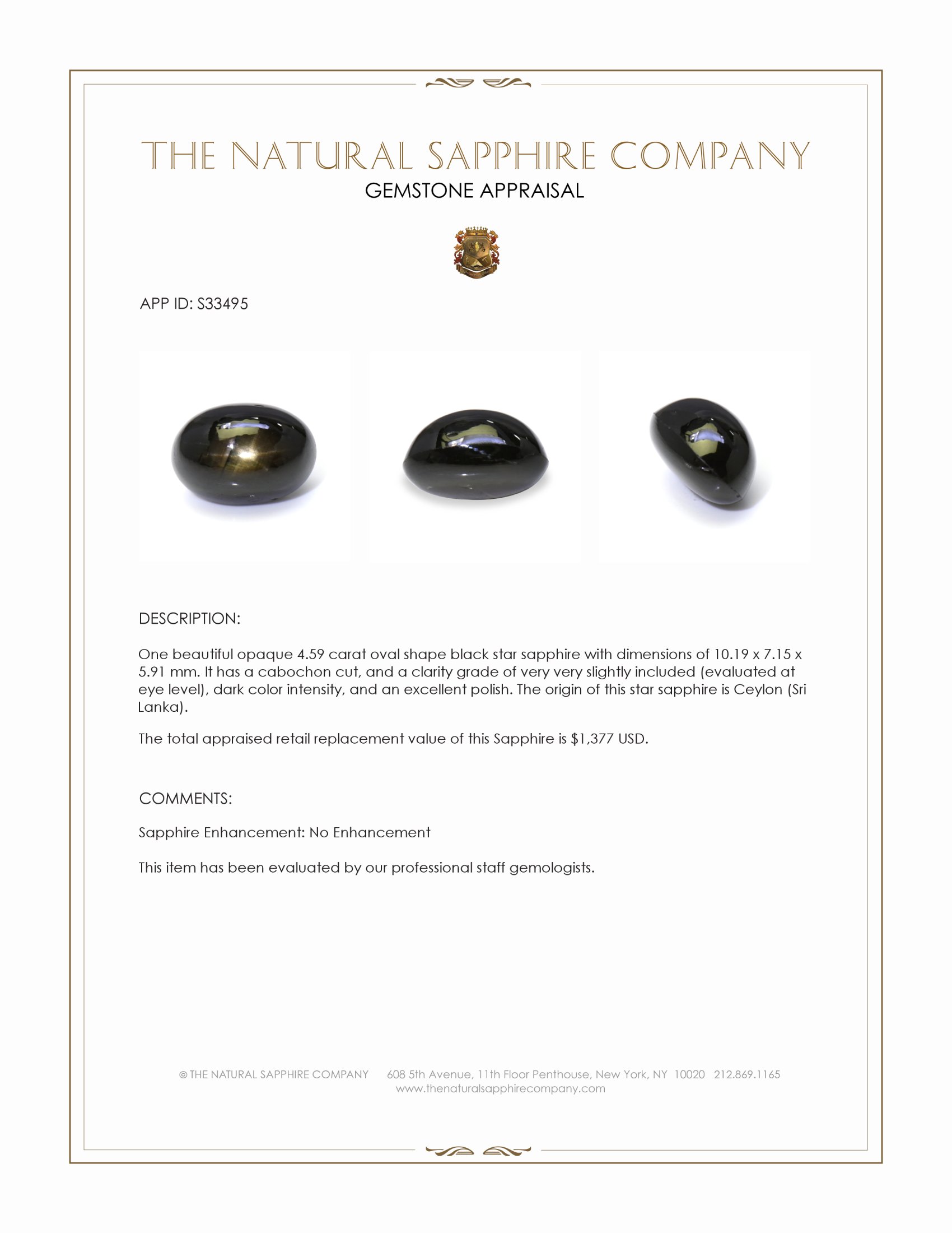 4.59 Ct. Black Star Sapphire from Ceylon (Sri Lanka)