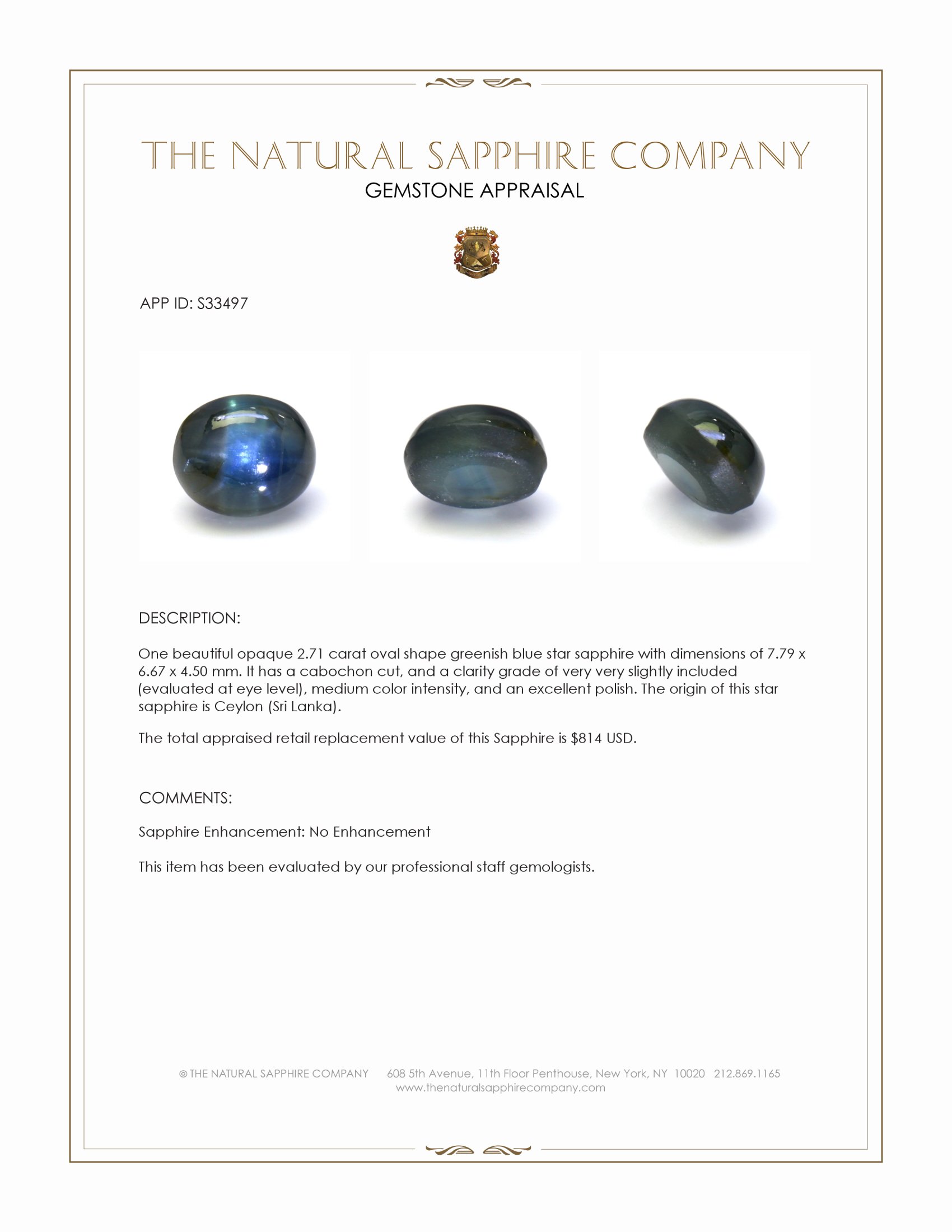 2.71 Ct. Greenish Blue Star Sapphire from Ceylon (Sri Lanka)