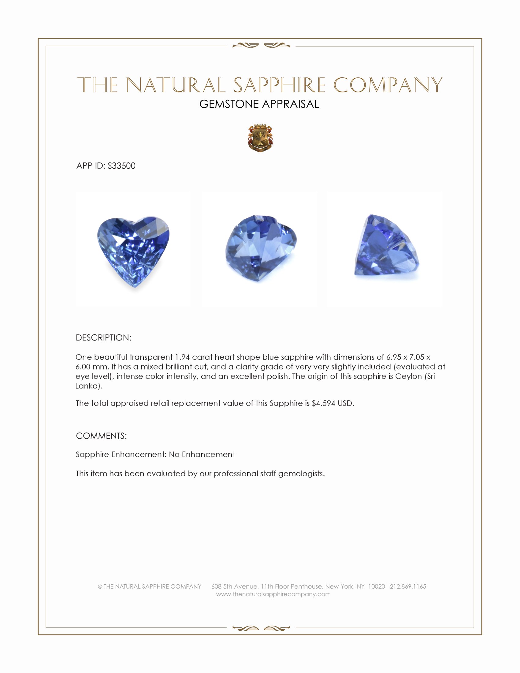 1.94 Ct. Blue Sapphire from Ceylon (Sri Lanka)