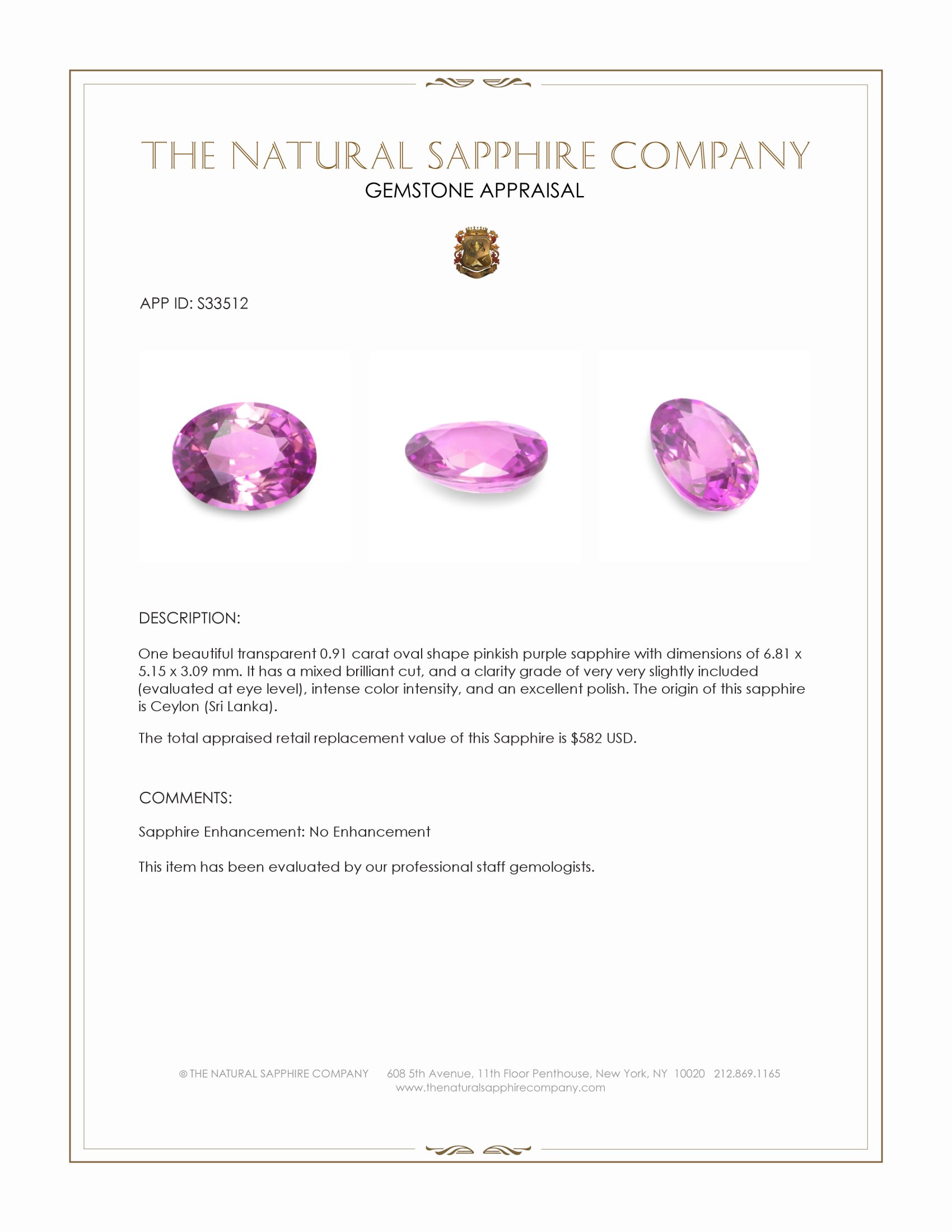 0.91 Ct. Pinkish Purple Sapphire from Ceylon (Sri Lanka)