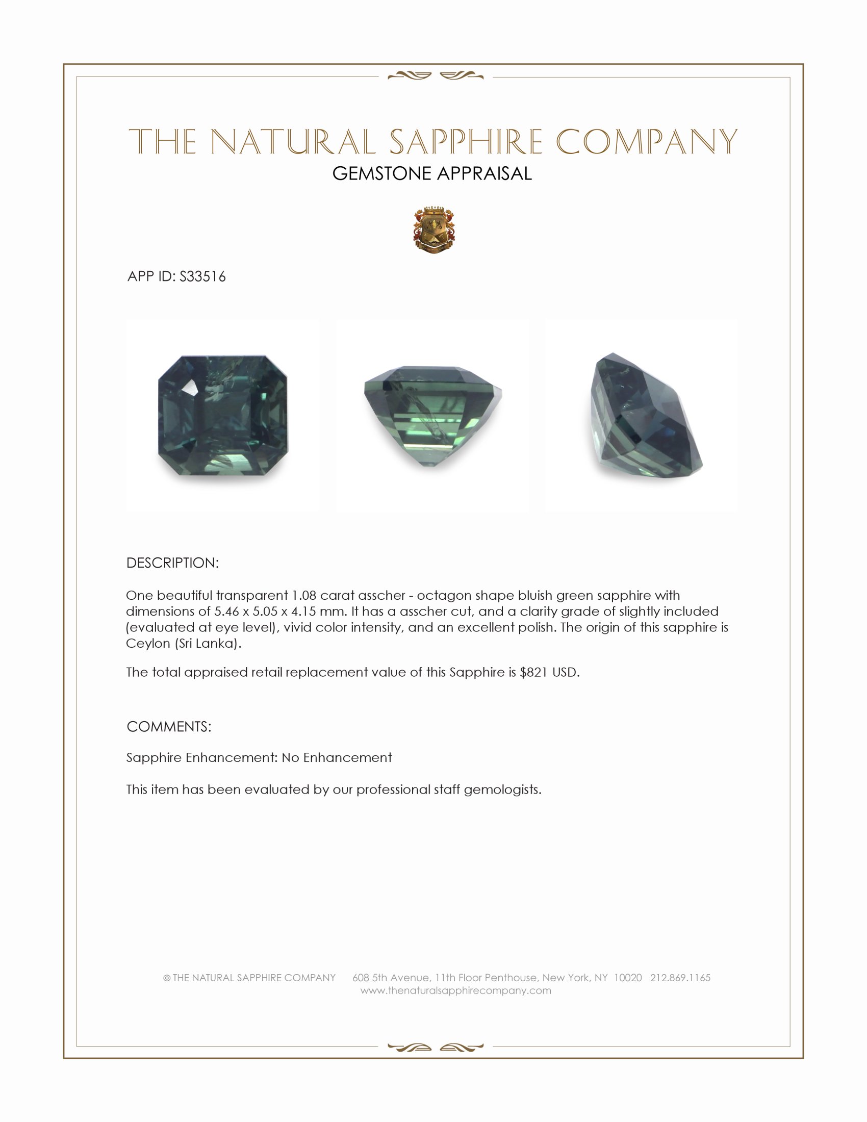 1.08 Ct. Bluish Green Sapphire from Ceylon (Sri Lanka)