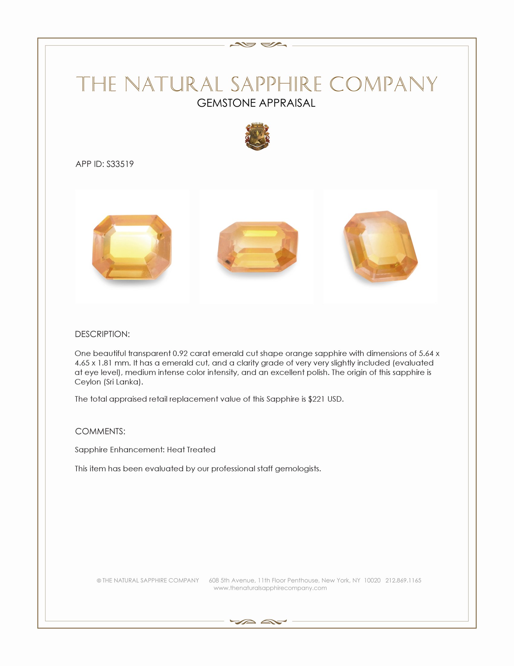 0.92 Ct. Orange Sapphire from Ceylon (Sri Lanka)