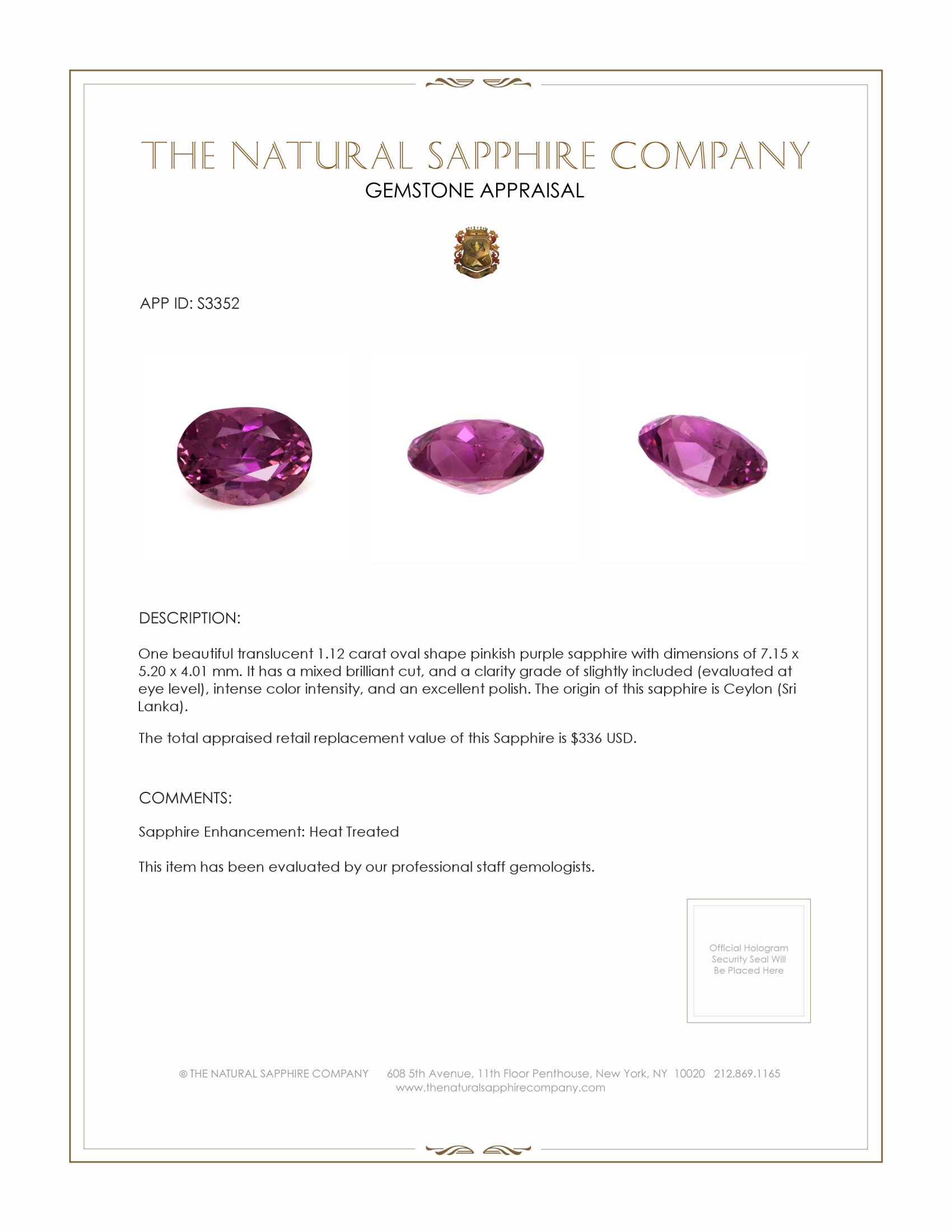 1.12 Ct. Pinkish Purple Sapphire from Ceylon (Sri Lanka)
