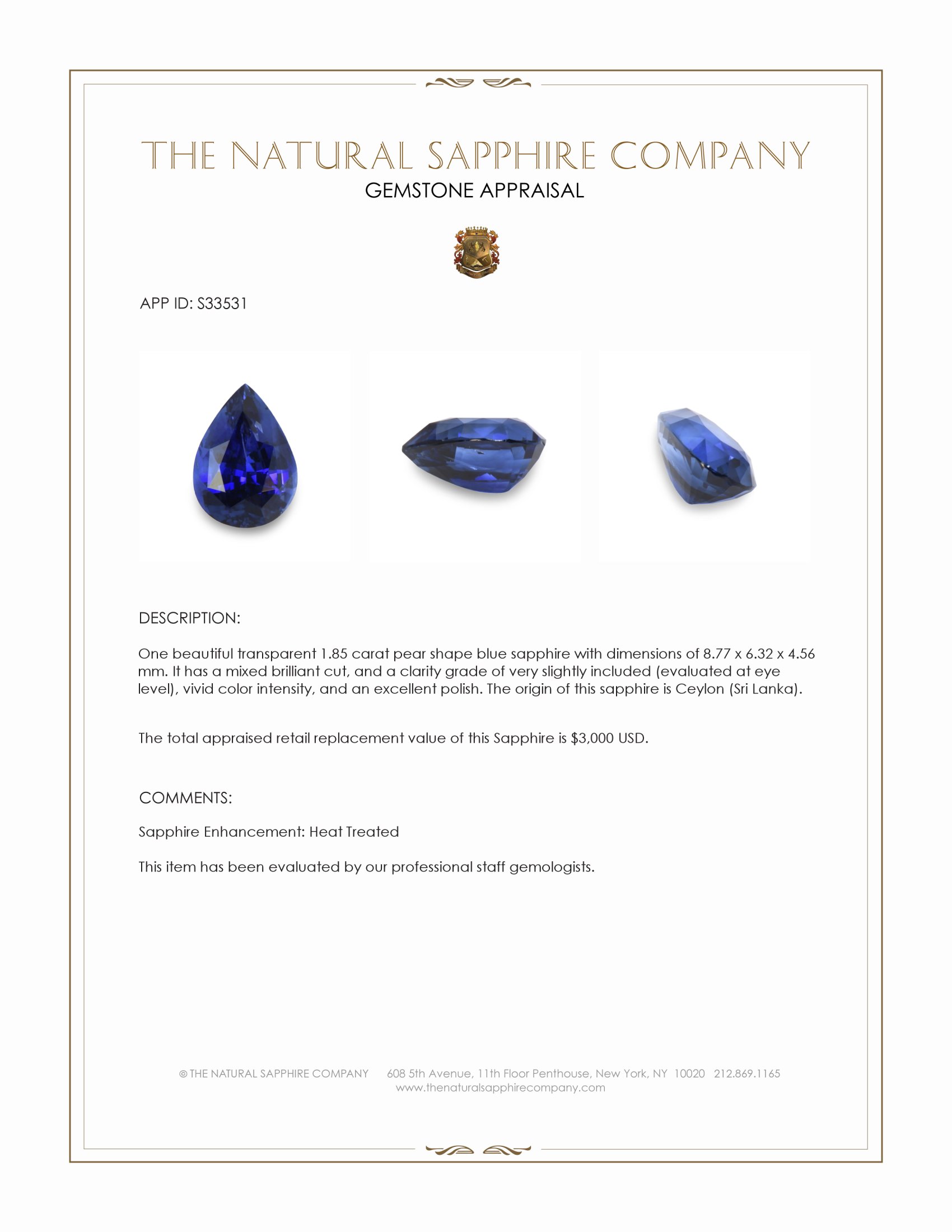 1.85 Ct. Blue Sapphire from Ceylon (Sri Lanka)