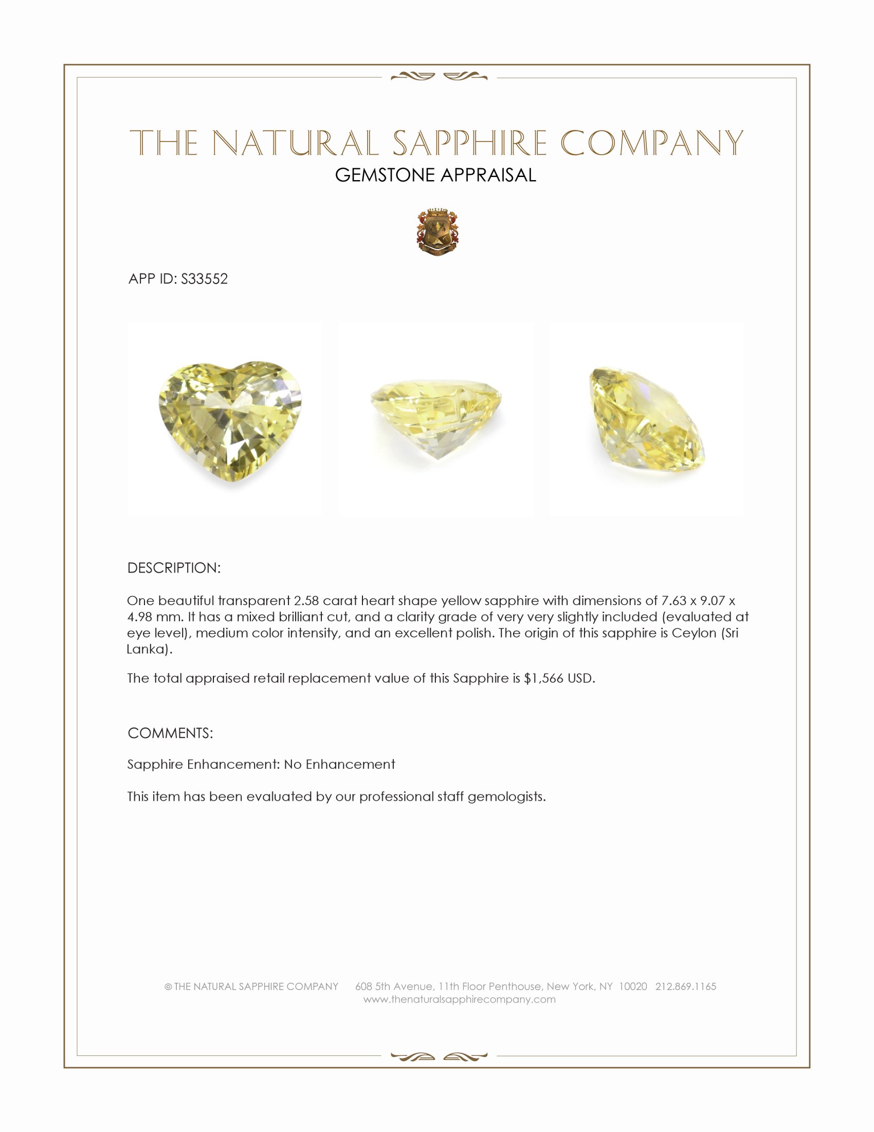 2.58 Ct. Yellow Sapphire from Ceylon (Sri Lanka)