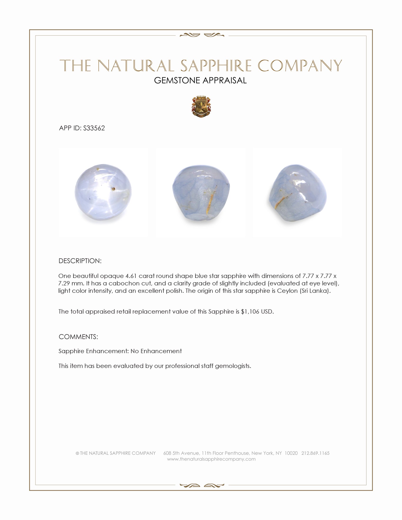4.61 Ct. Blue Star Sapphire from Ceylon (Sri Lanka)